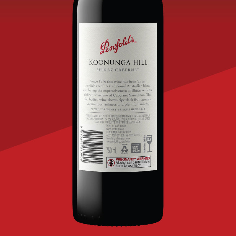 Penfolds Koonunga Hill Shiraz Cabernet red wine 75cl, UK version