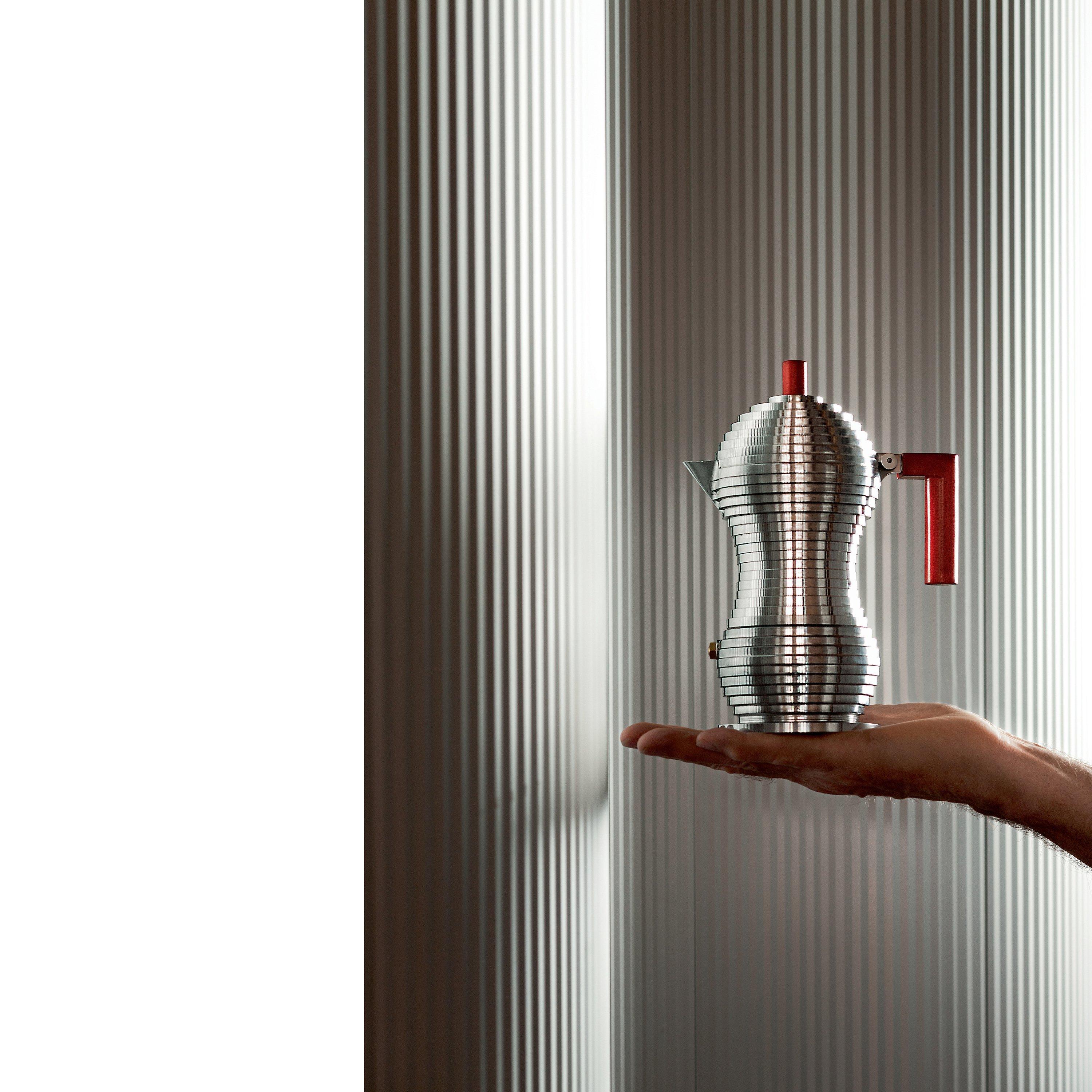 Alessi Pulcina 3 cup silver and red espresso maker (British brand)