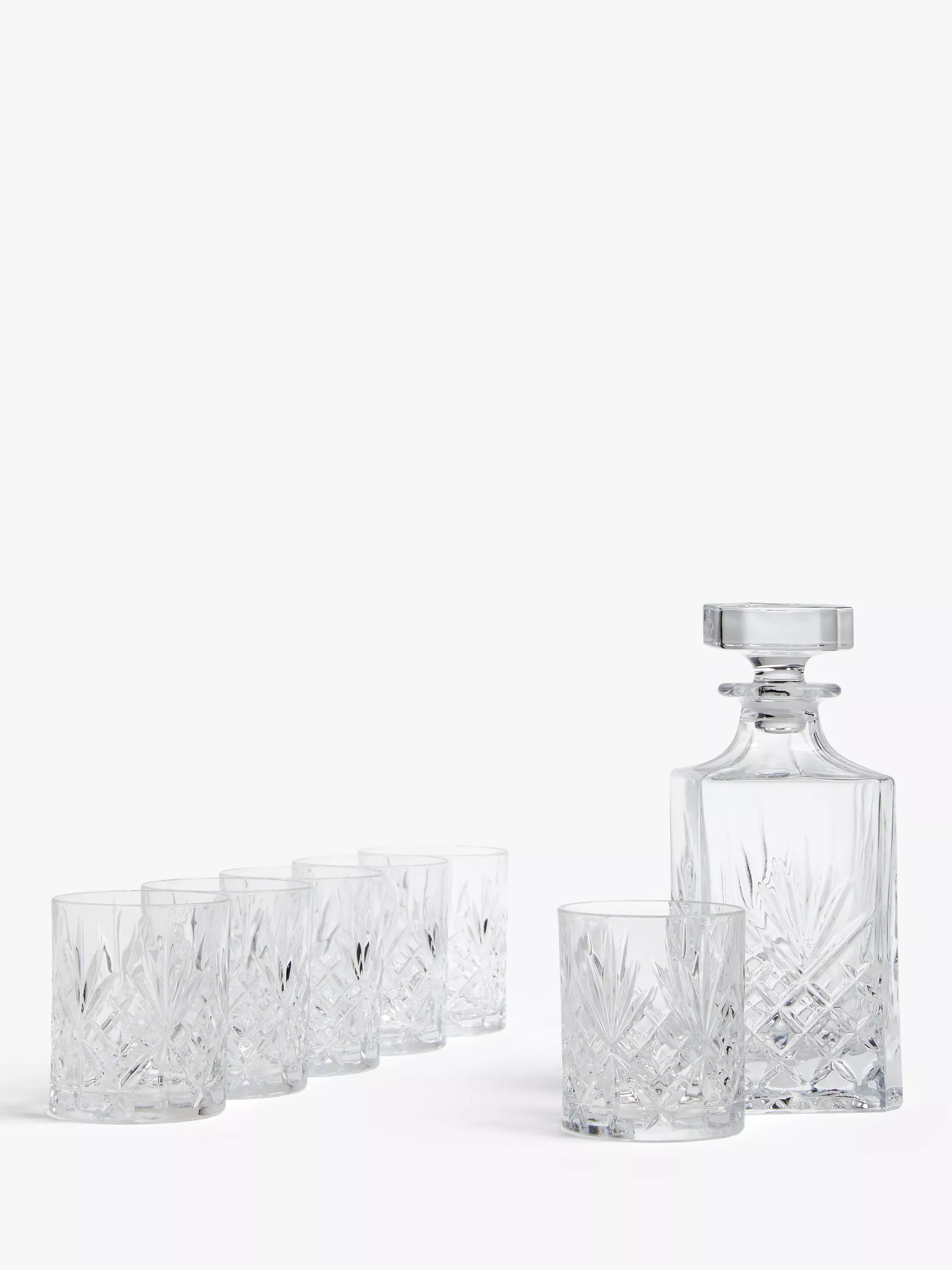 John Lewis clear crystal glass whisky decanter and six tumblers 7 piece set, UK version