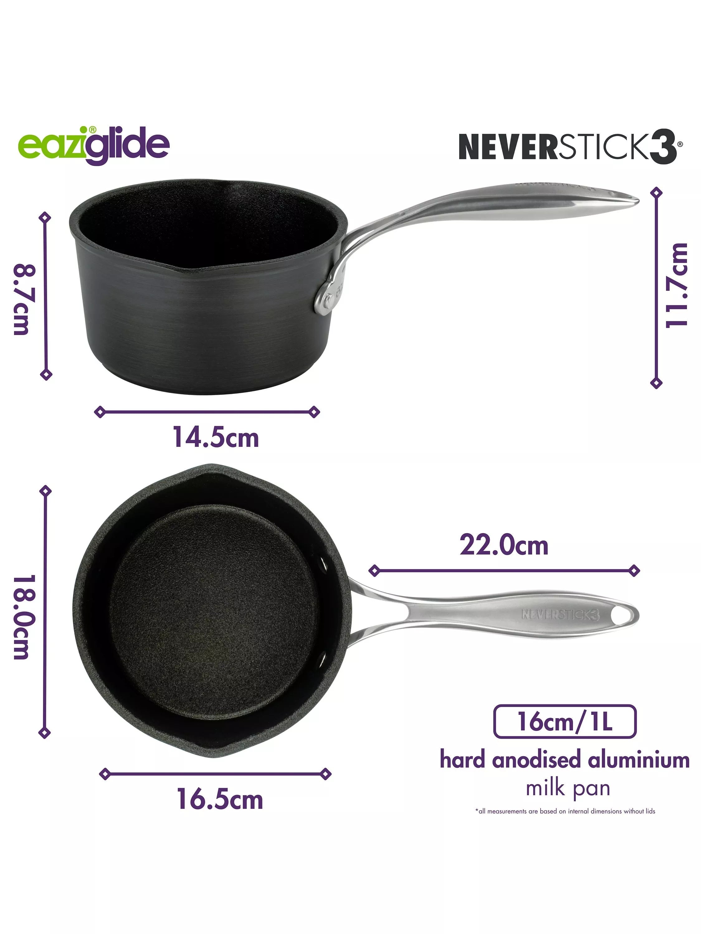 Eaziglide Neverstick3 Professional Non-Stick Milk Pan 16cm Diameter - British product