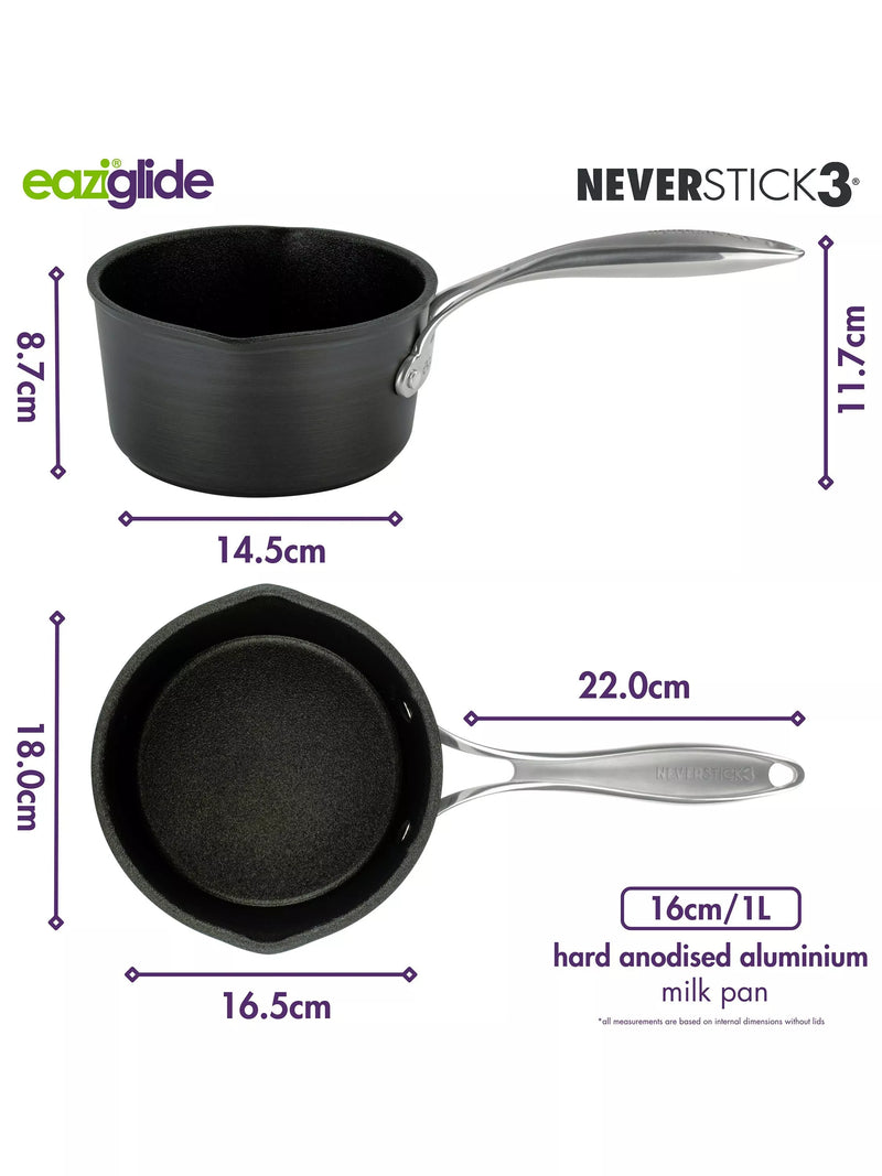 Eaziglide Neverstick3 Professional Non-Stick Milk Pan 16cm Diameter - British product