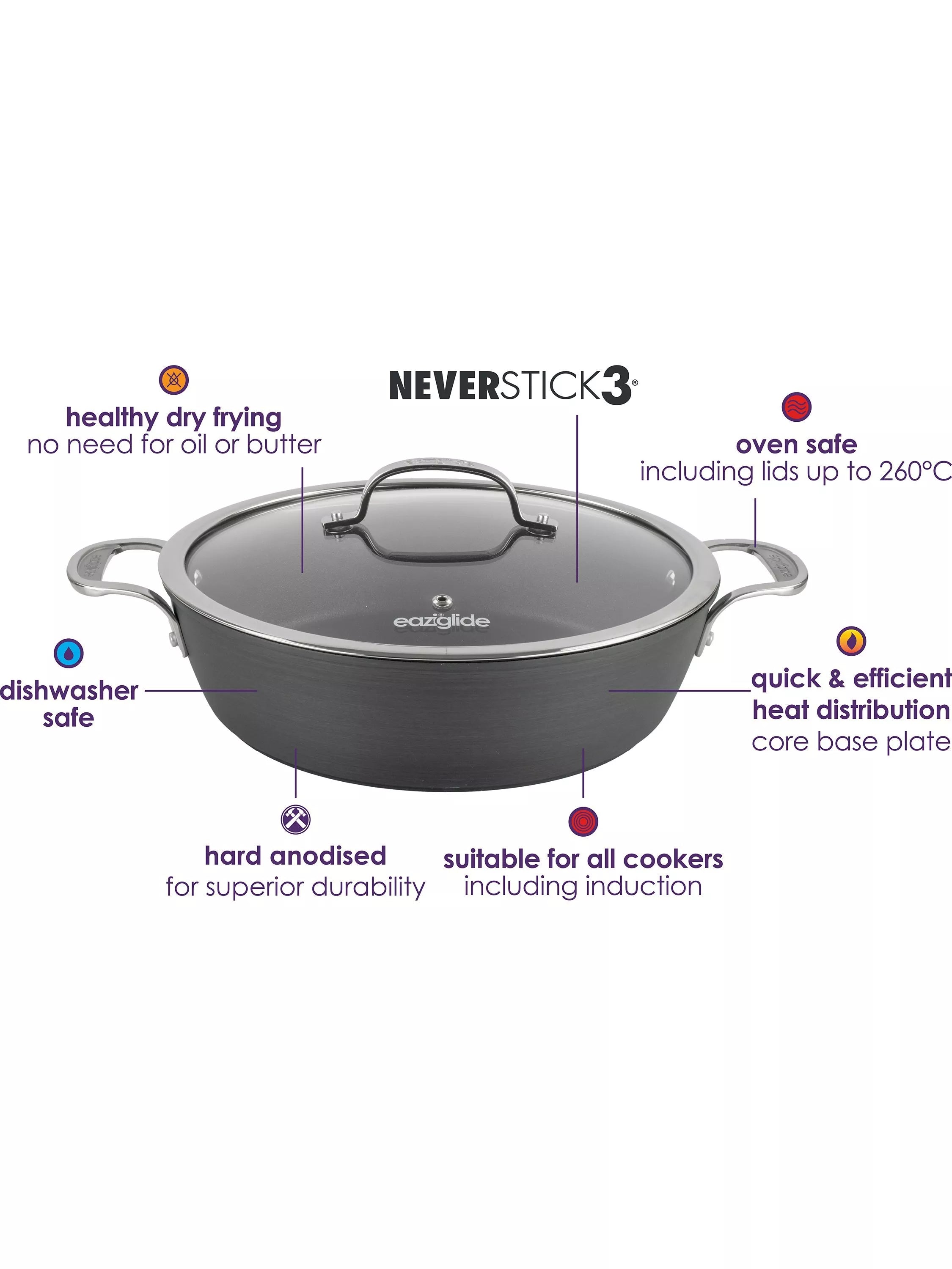 Eaziglide Neverstick3 Professional Non-Stick Shallow Casserole with Lid 28cm - British product