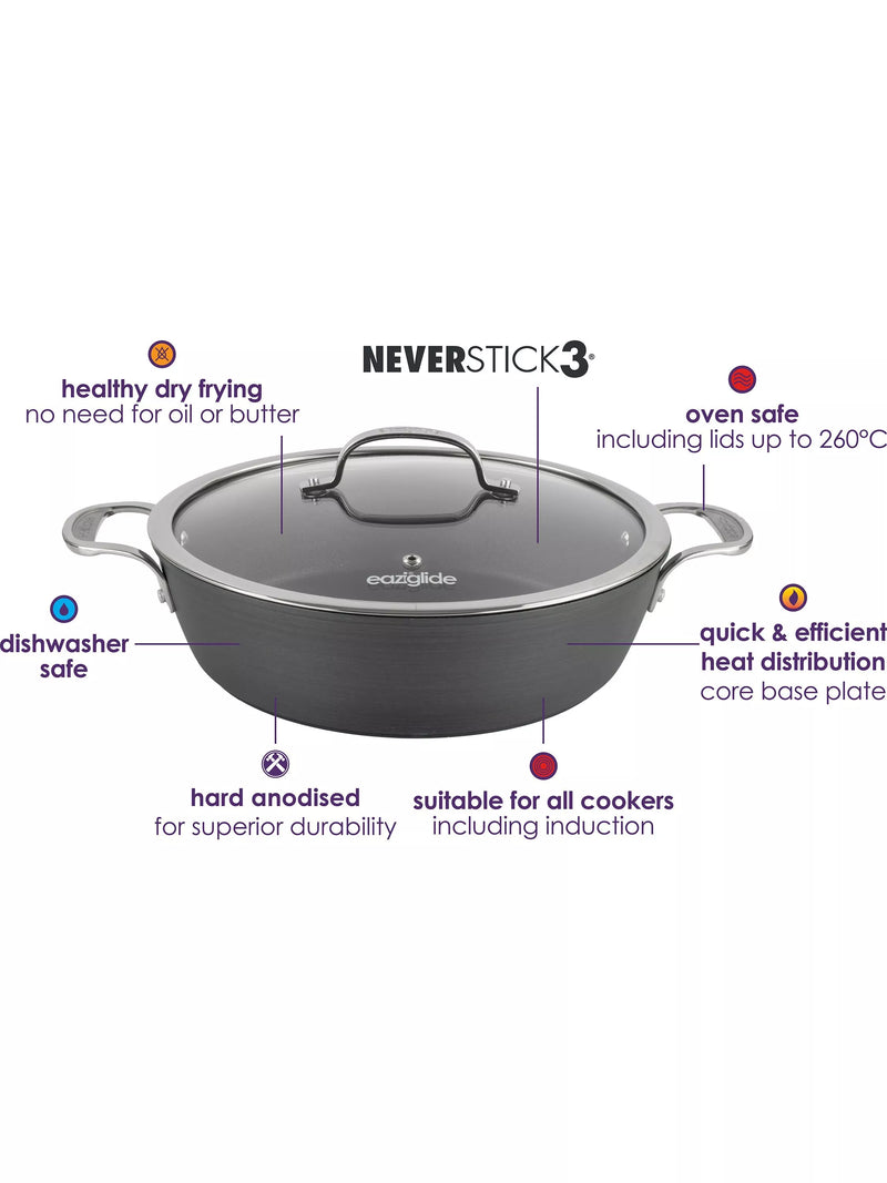 Eaziglide Neverstick3 Professional Non-Stick Shallow Casserole with Lid 28cm - British product