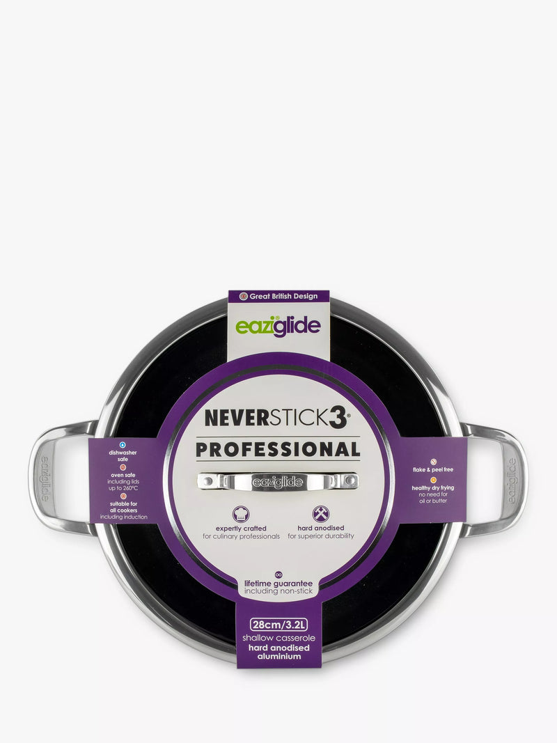Eaziglide Neverstick3 Professional Non-Stick Shallow Casserole with Lid 28cm - British product