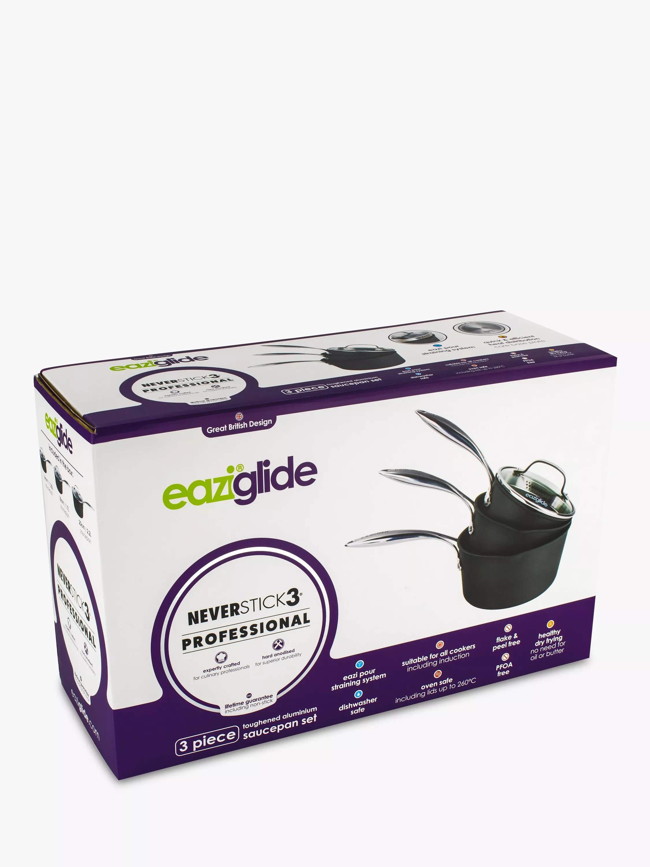 Eaziglide Neverstick3 Professional Non-Stick Lidded Saucepan Set 3 Piece - British product