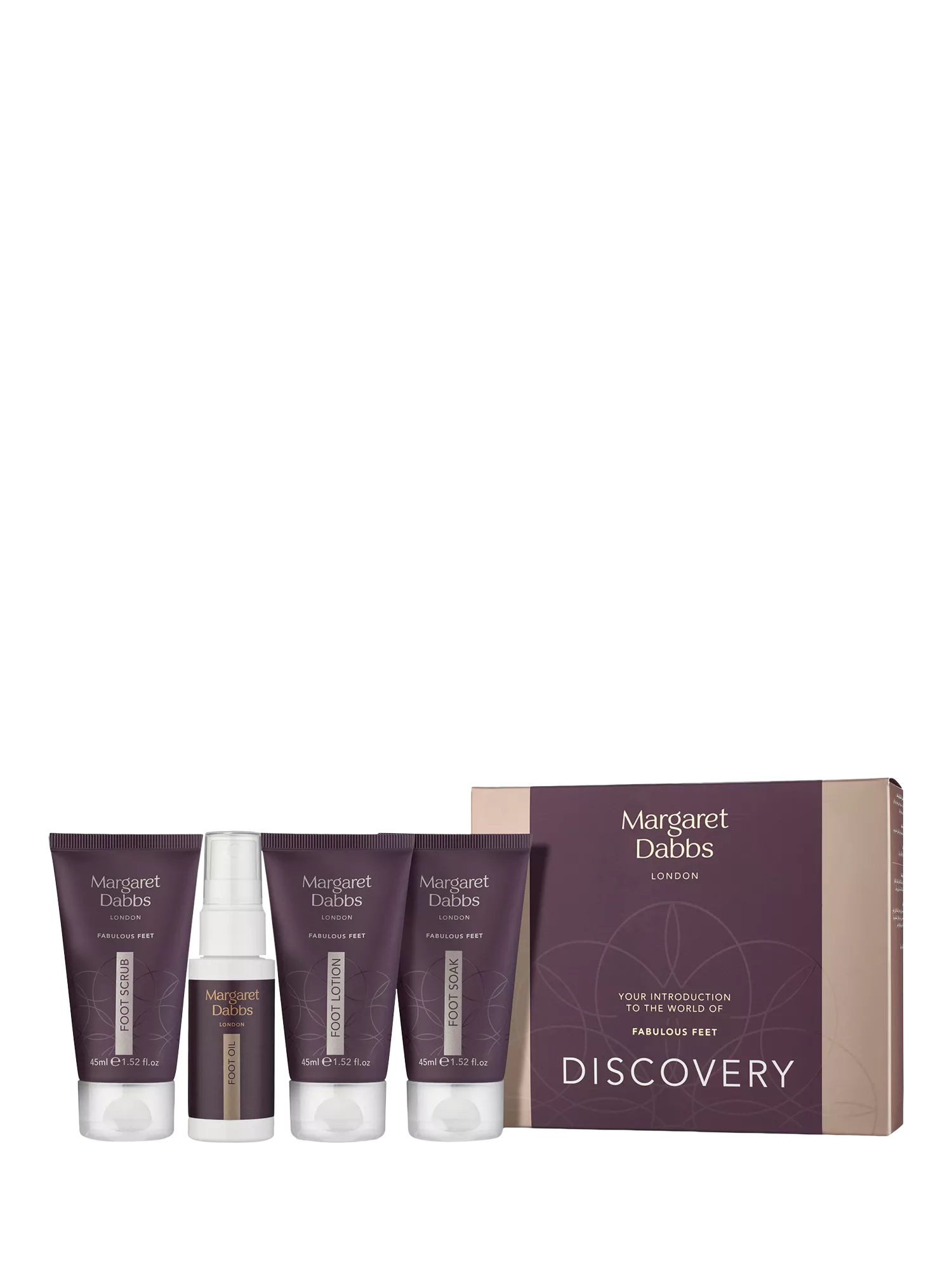 Margaret Dabbs London Fabulous Feet Discovery Kit with lotion, soak, oil, and scrub, imported from the UK