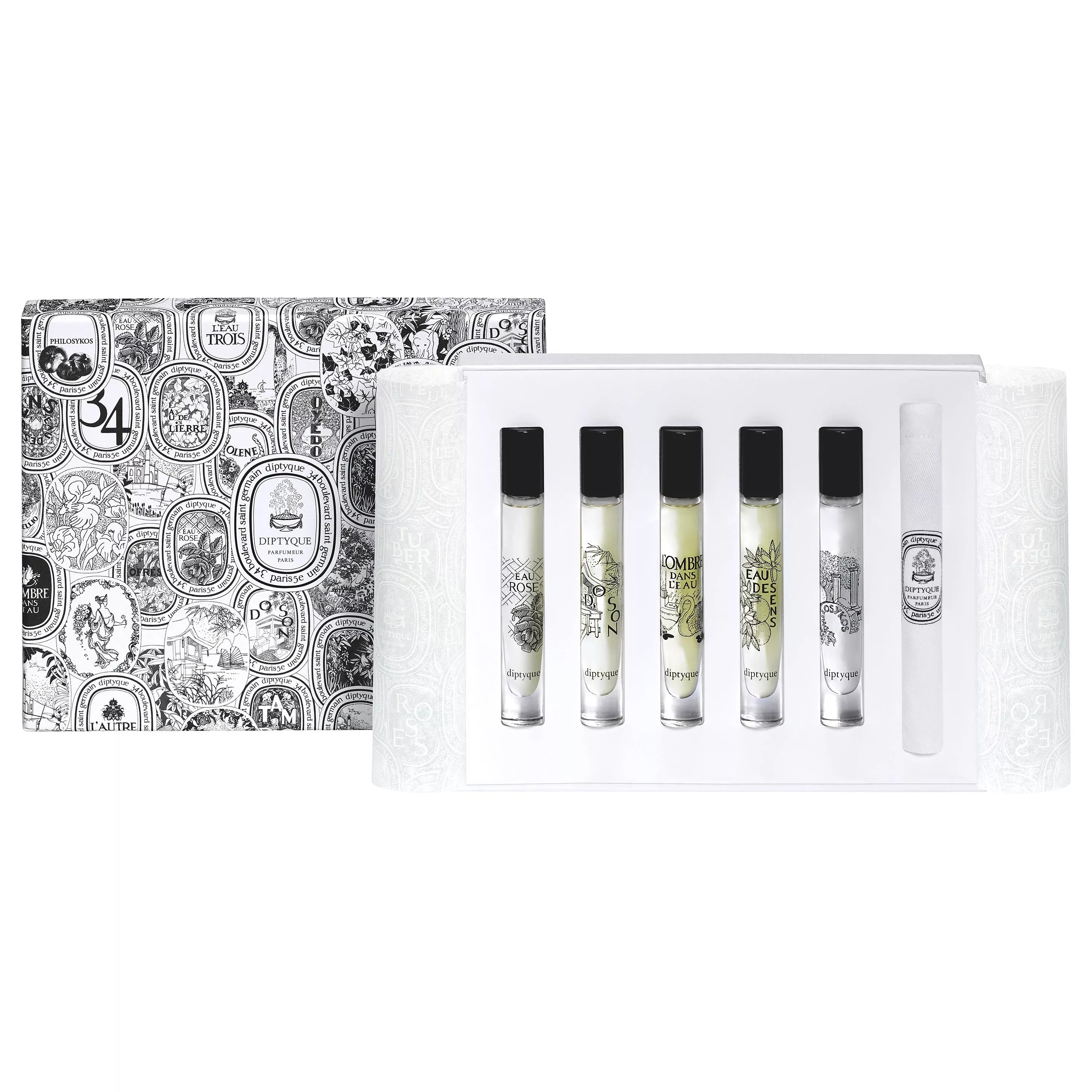 Diptyque Eau de Toilette fragrance sampler set with five 7.5ml bottles - British product