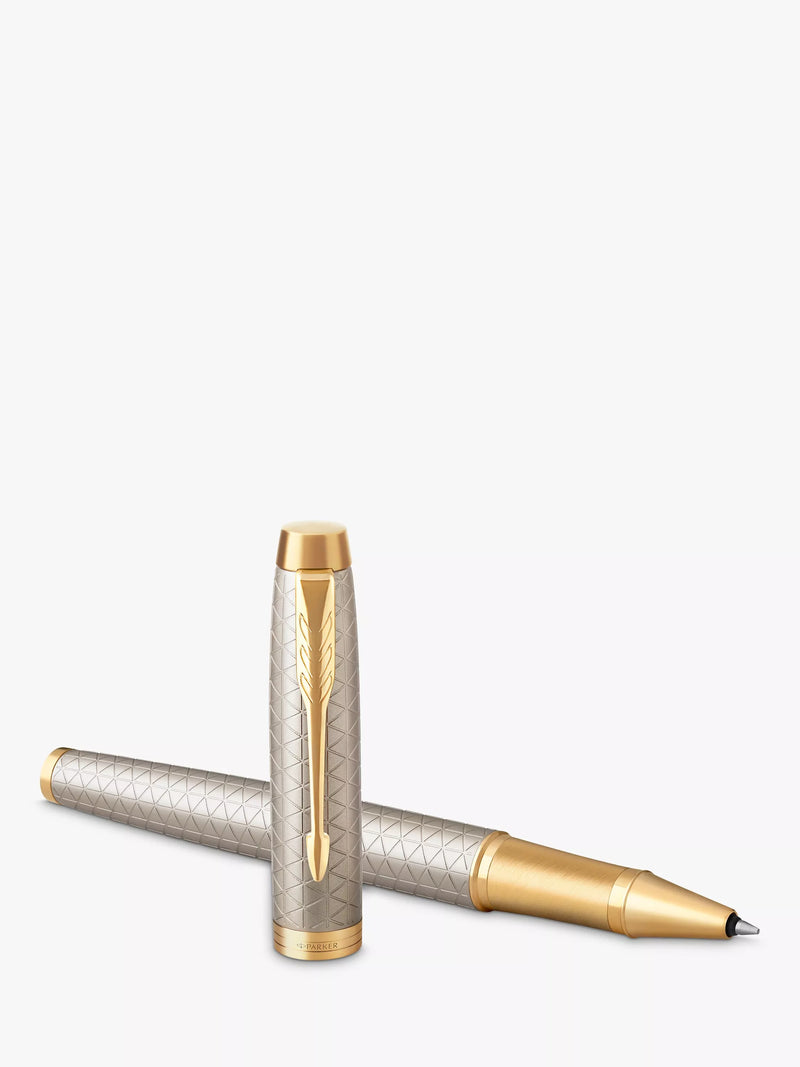 PARKER IM Premium Chiselled Rollerball Pen, grey gold-effect trim, imported from the UK