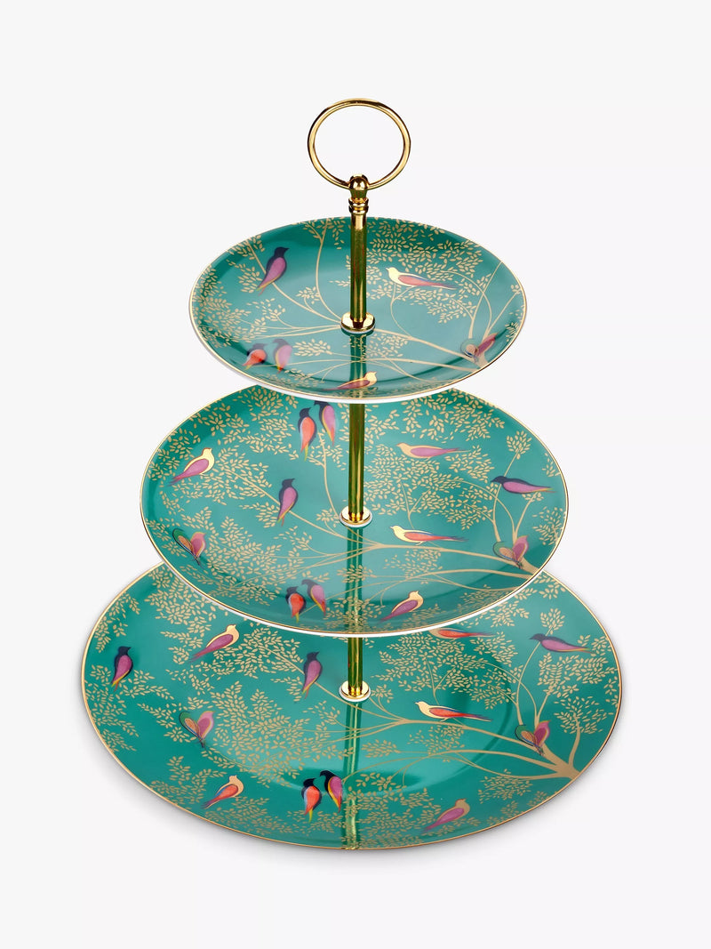 Sara Miller green fine china 3-tier cake stand with bird motifs (British brand)