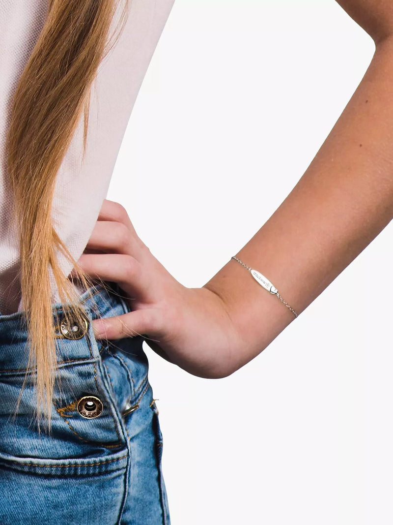 IBB personalised sterling silver children's ID bracelet with cubic zirconia heart, UK version