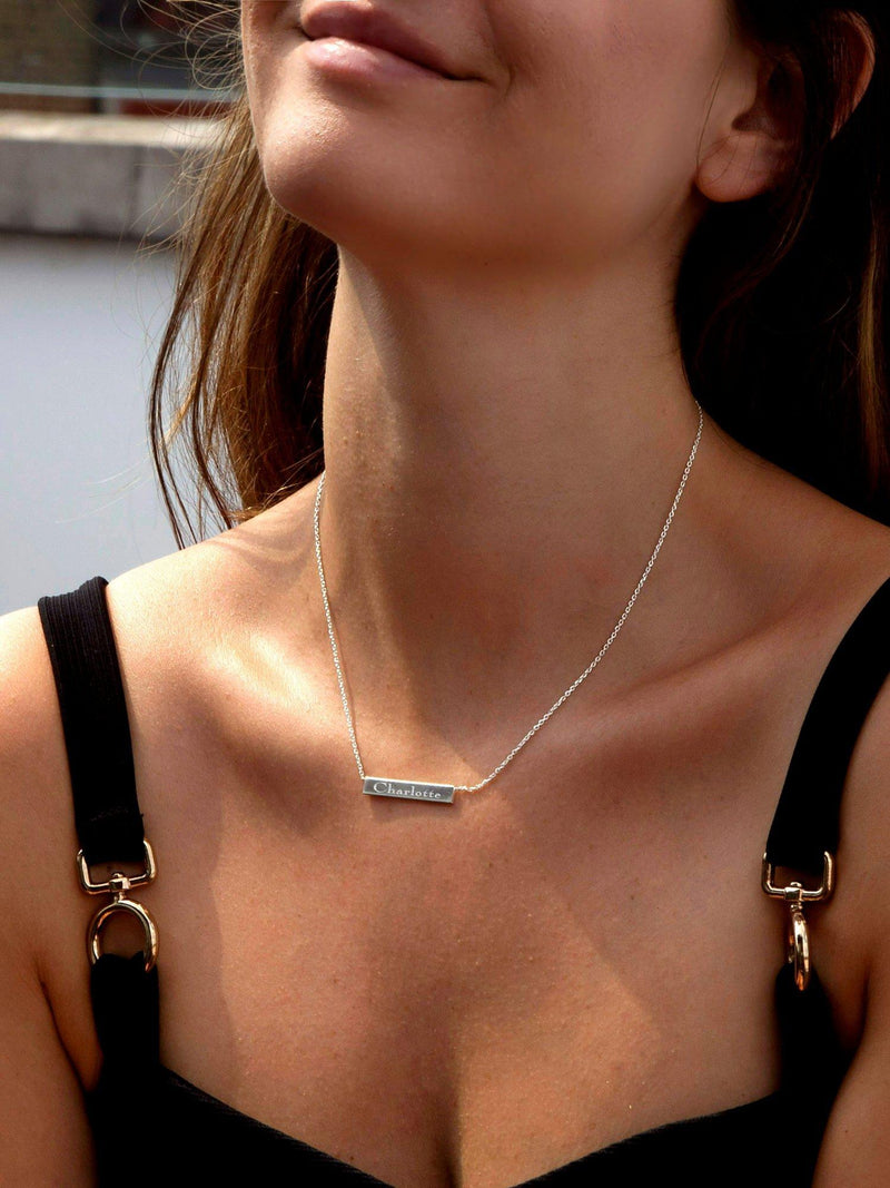 IBB personalised small horizontal bar initial pendant necklace in silver, UK version