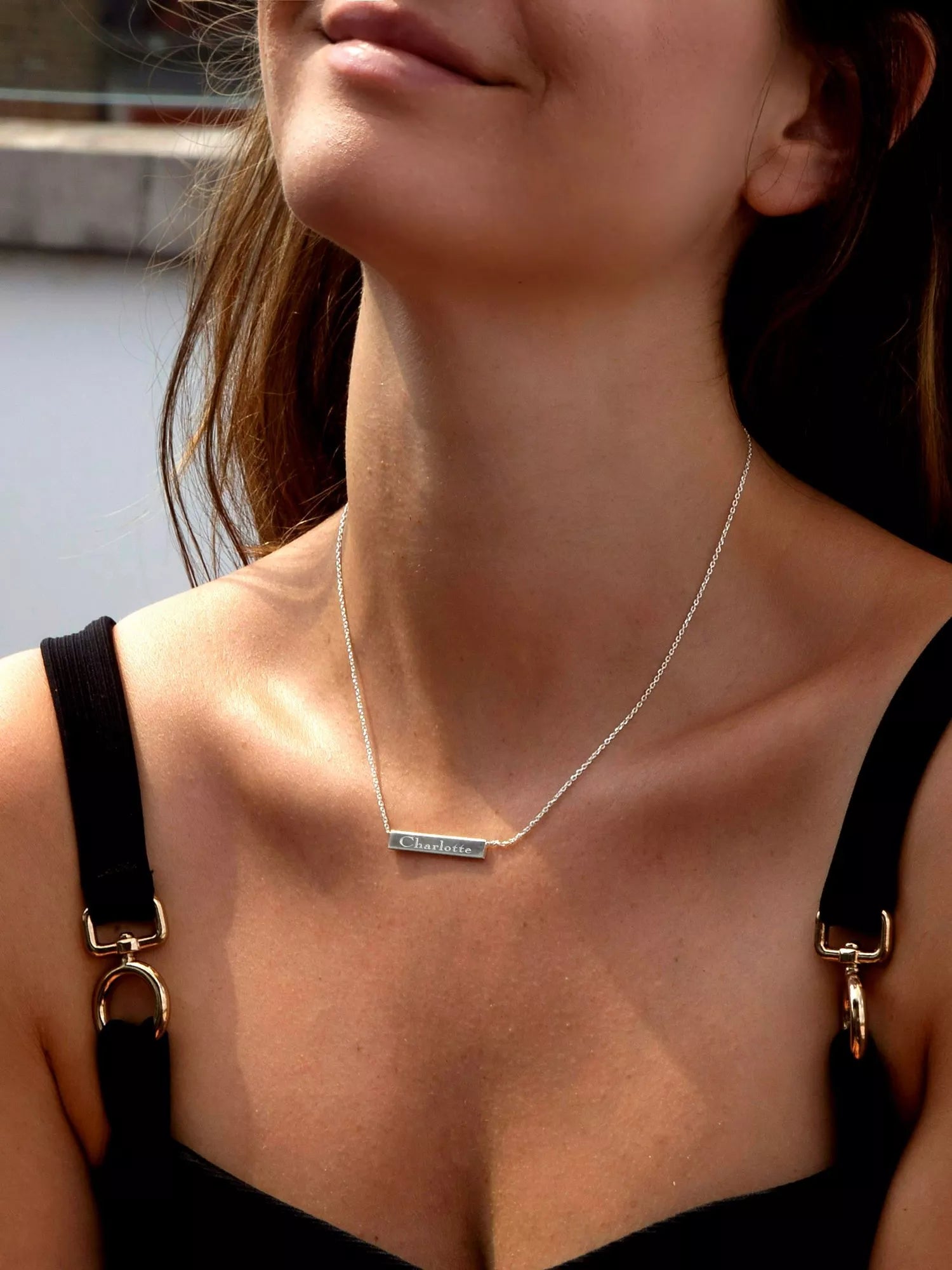 IBB personalised small horizontal bar initial pendant necklace in silver, UK version