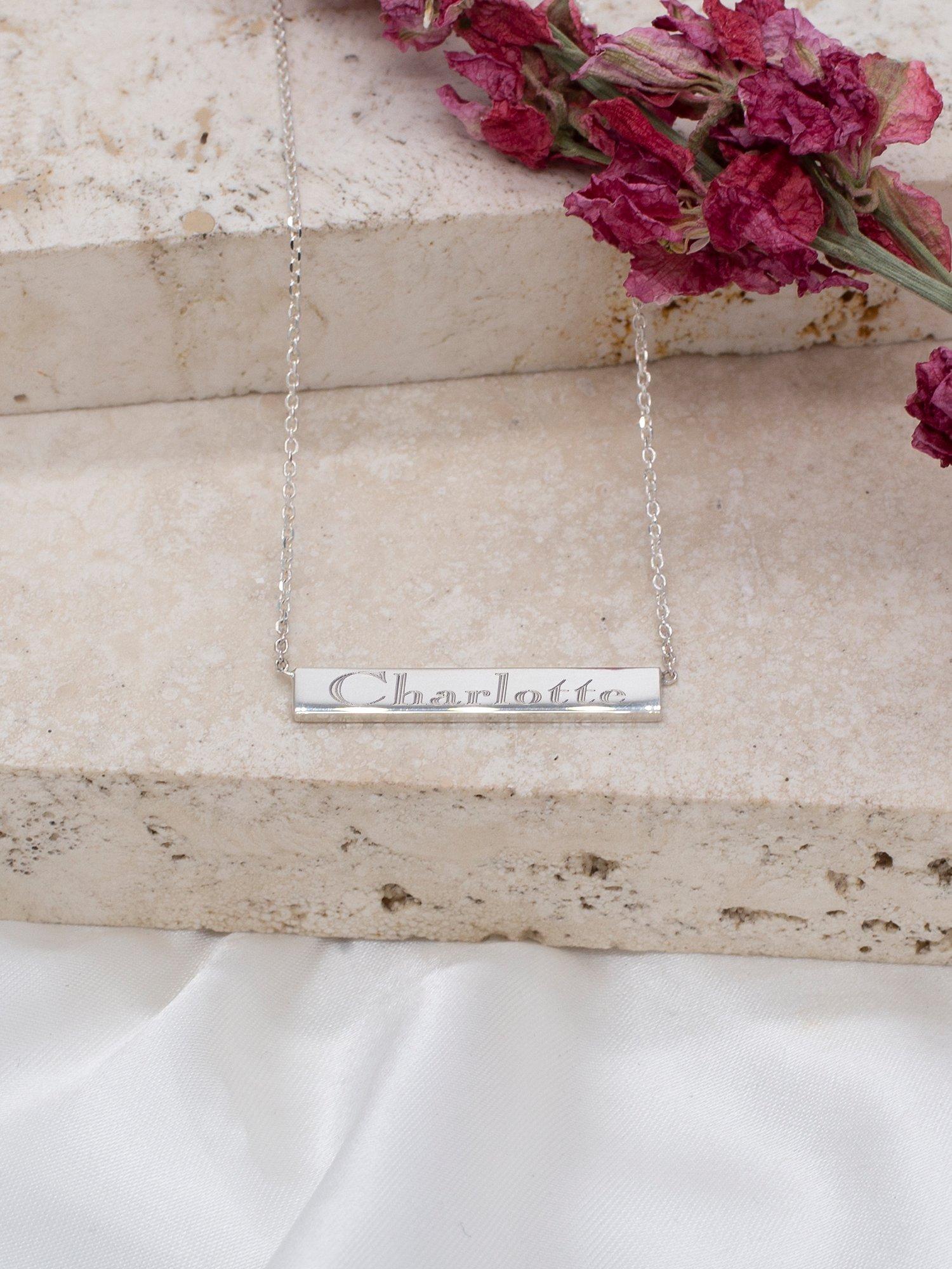IBB personalised small horizontal bar initial pendant necklace in silver, UK version