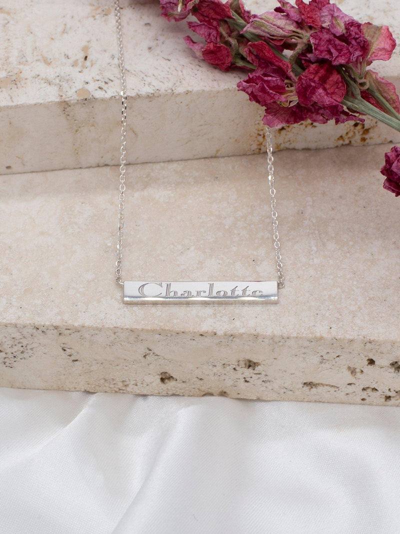 IBB personalised small horizontal bar initial pendant necklace in silver, UK version