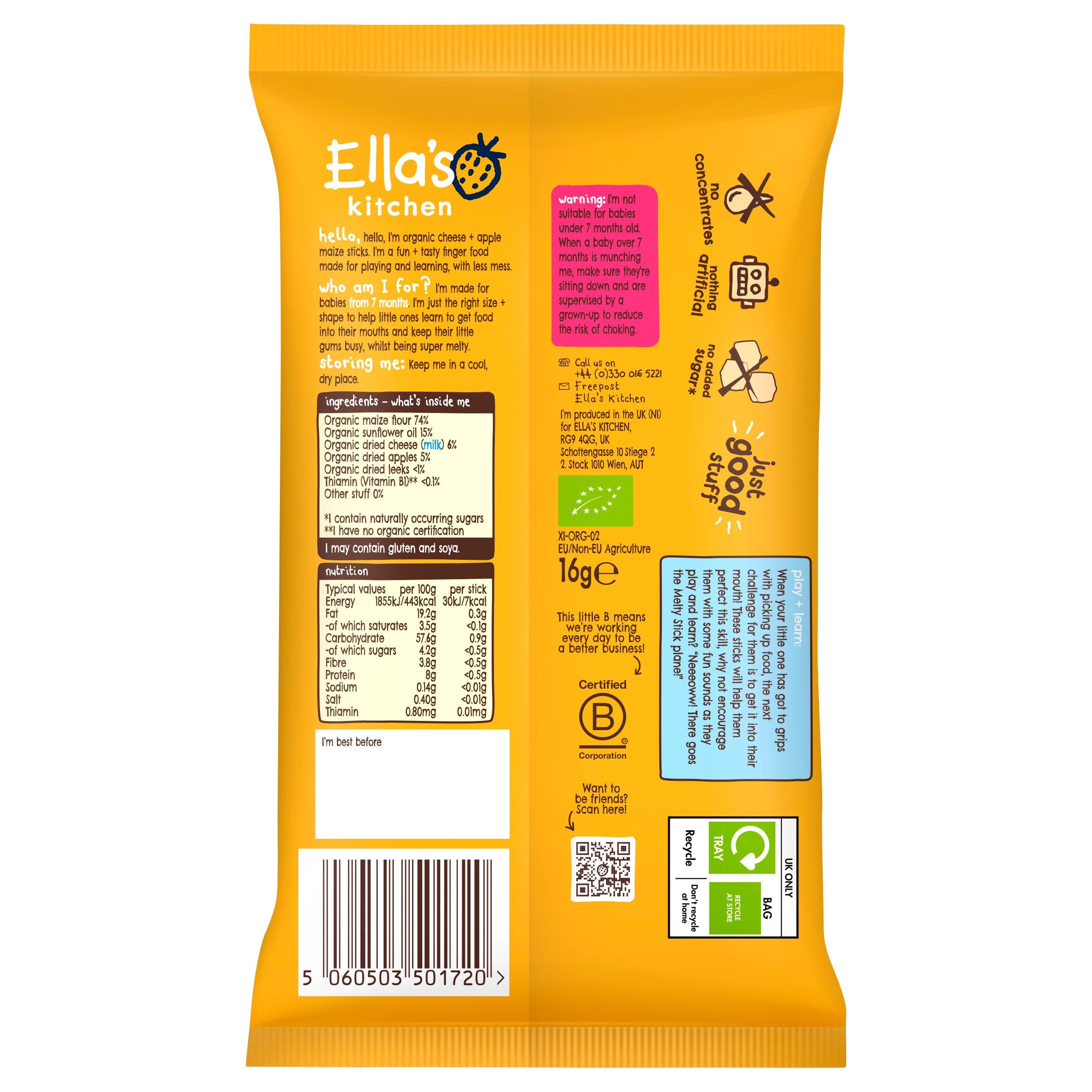 Ella's Kitchen organic cheese and apple melty sticks 16g - British product