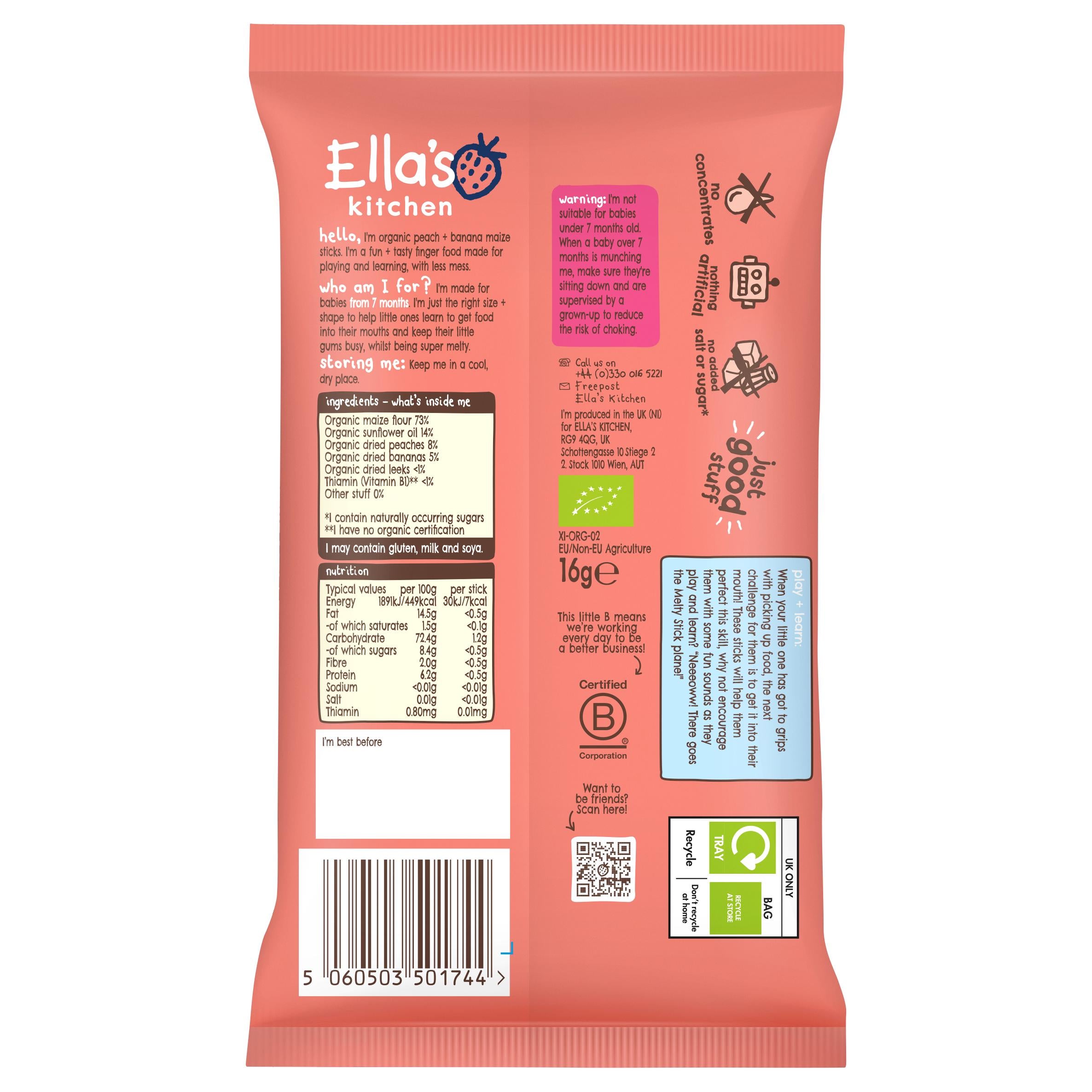 Ella's Kitchen organic peach & banana melty sticks baby snack 16g, imported from the UK