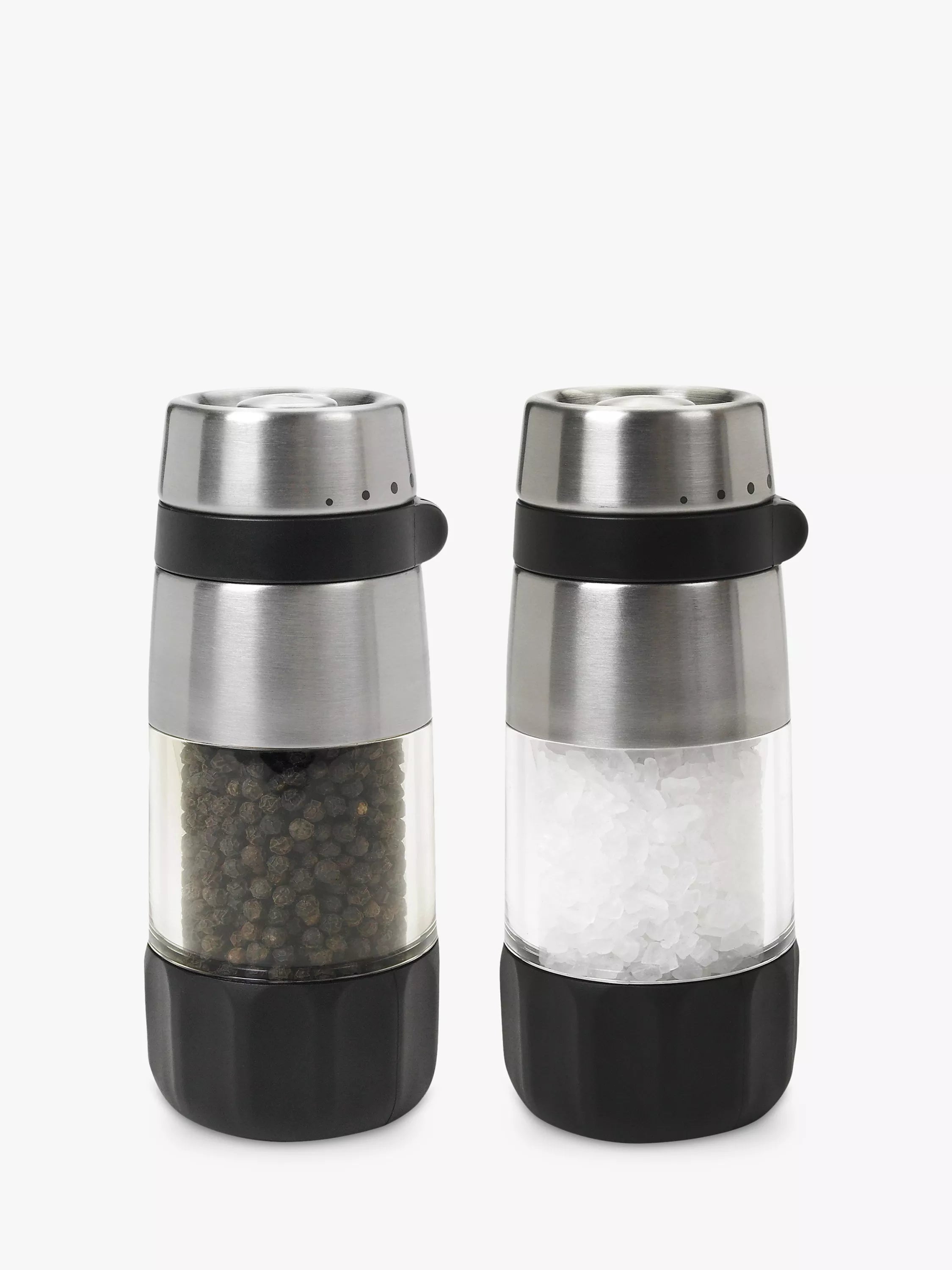 OXO salt and pepper grinders set stainless steel acrylic (British brand)