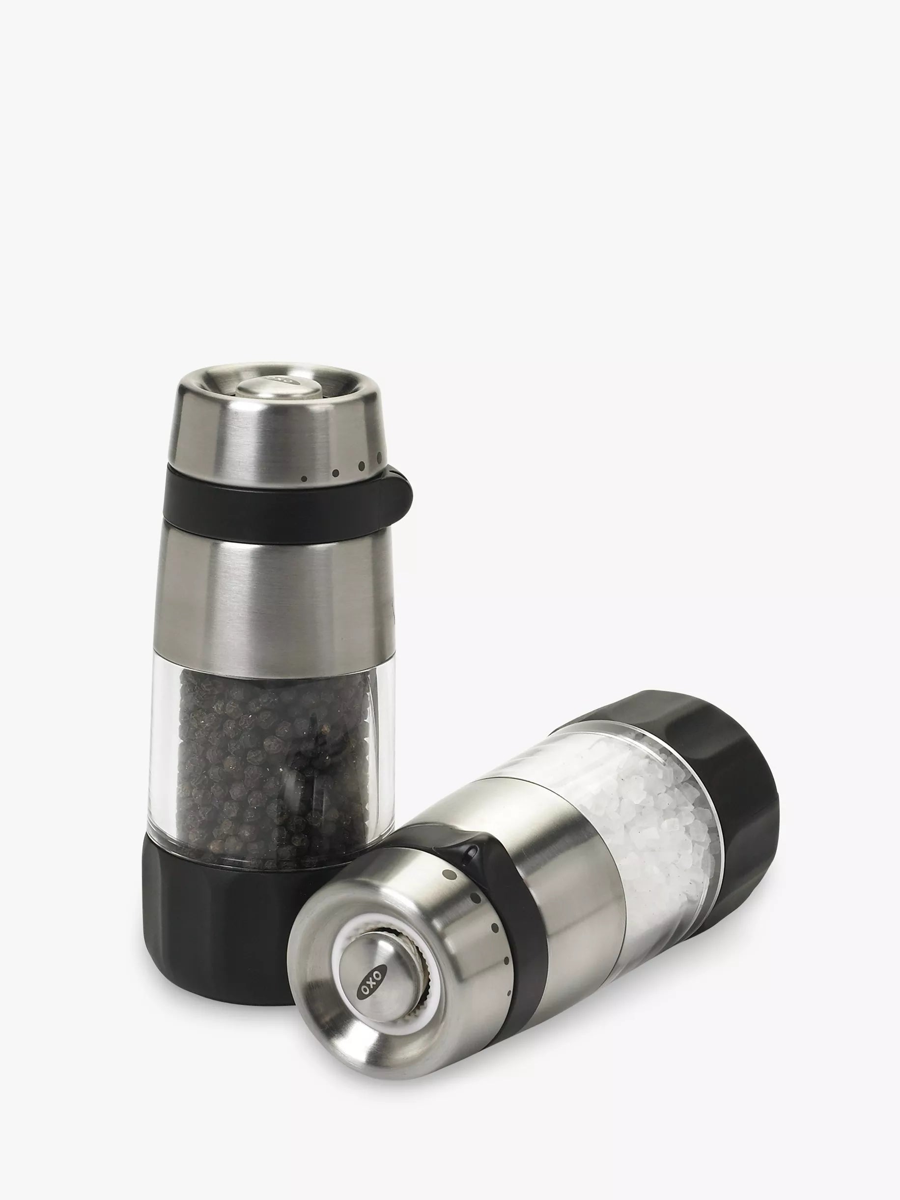 OXO salt and pepper grinders set stainless steel acrylic (British brand)