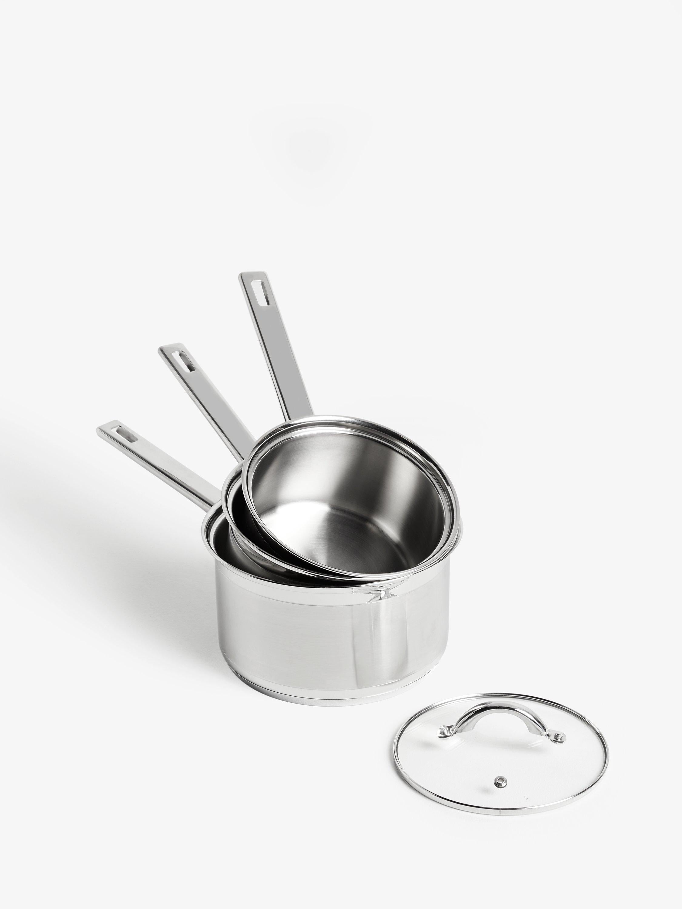 John Lewis stainless steel saucepan set with glass lids, 3 pieces, UK version