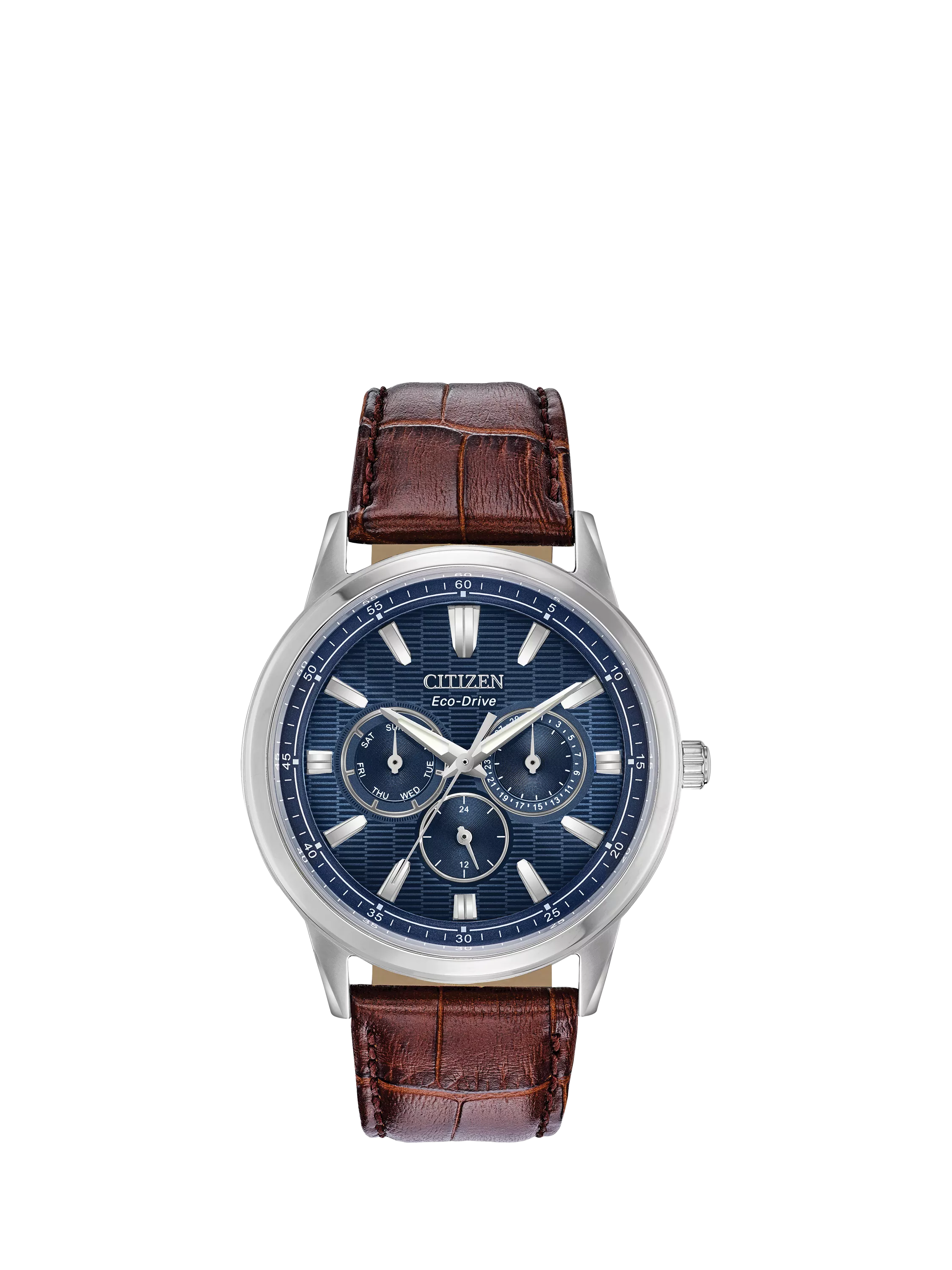 Citizen Eco-Drive chronograph watch, blue dial, brown leather strap (British brand)