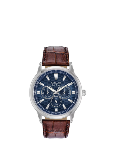John Lewis Citizen BU2070-12L Men's Eco-Drive Chronograph Leather Strap Watch Blue Dial- Buy online at McGrocer