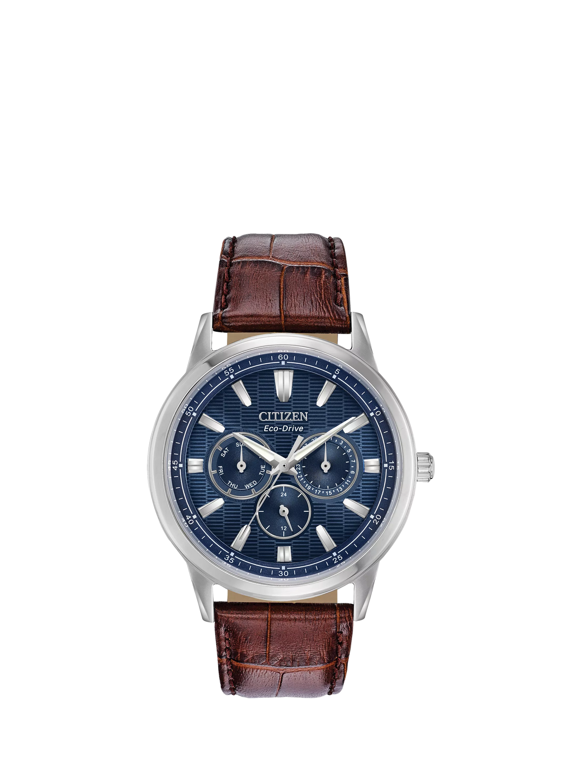 Citizen Eco-Drive chronograph watch, blue dial, brown leather strap (British brand)