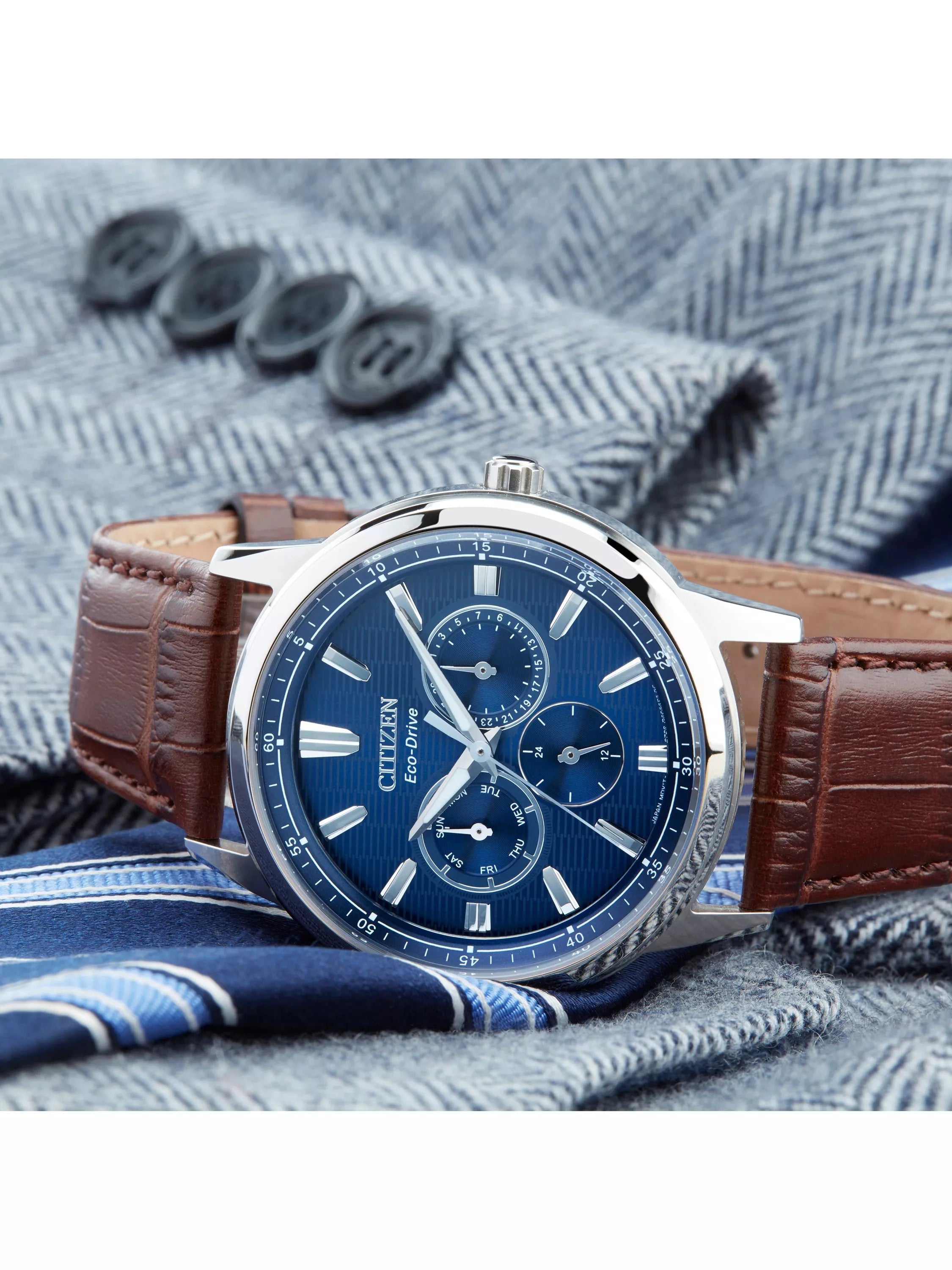 Citizen Eco-Drive chronograph watch, blue dial, brown leather strap (British brand)
