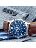 Citizen Eco-Drive chronograph watch, blue dial, brown leather strap (British brand)
