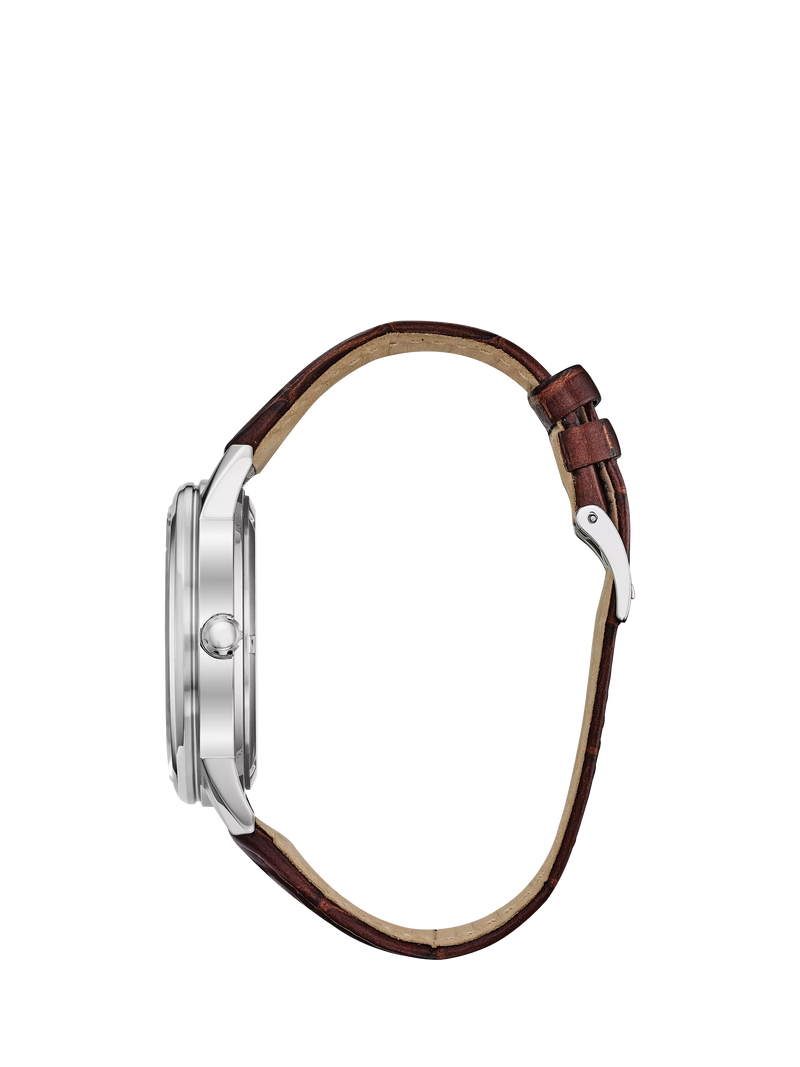 Citizen Eco-Drive chronograph watch, blue dial, brown leather strap (British brand)