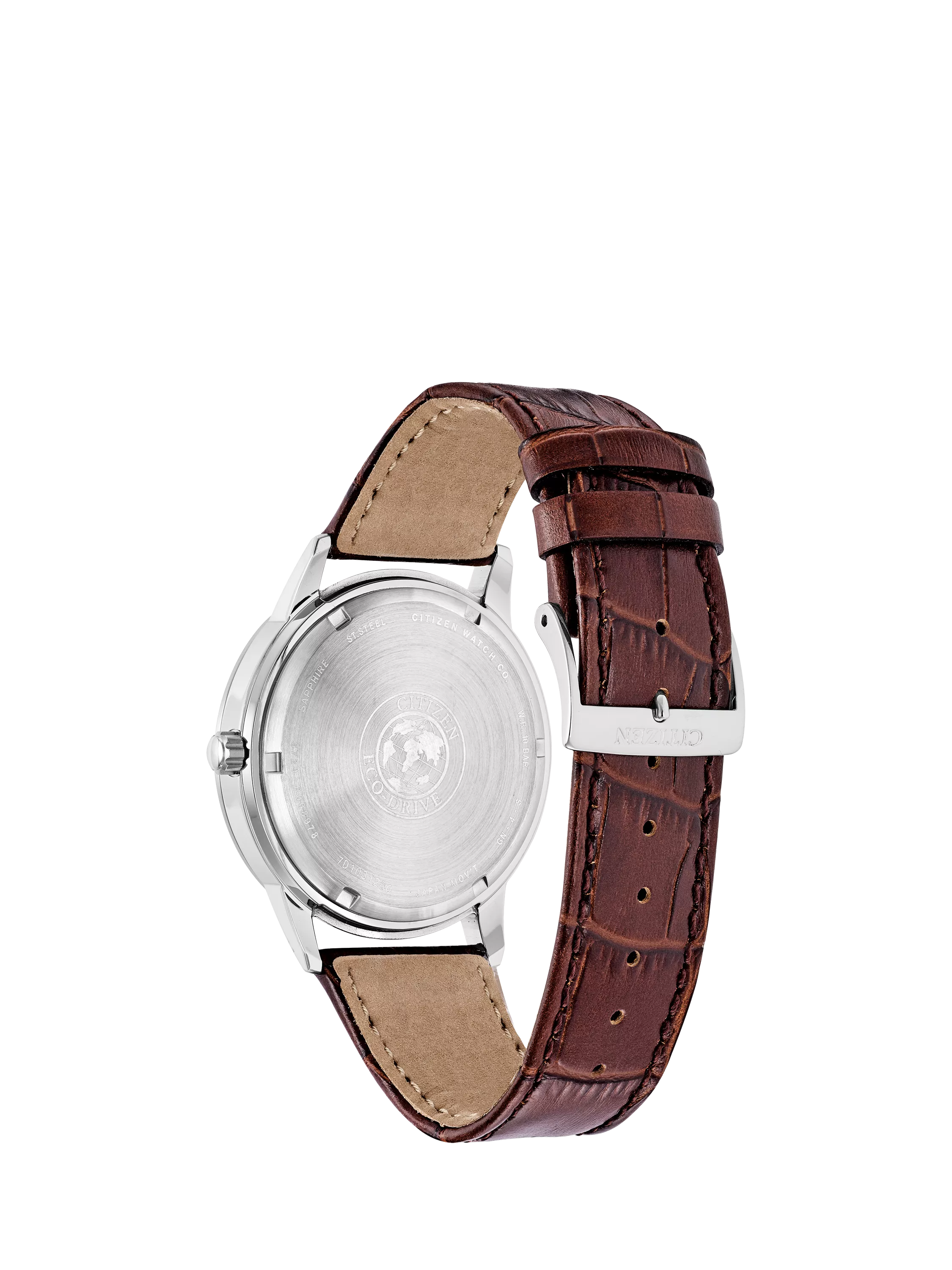 Citizen Eco-Drive chronograph watch, blue dial, brown leather strap (British brand)
