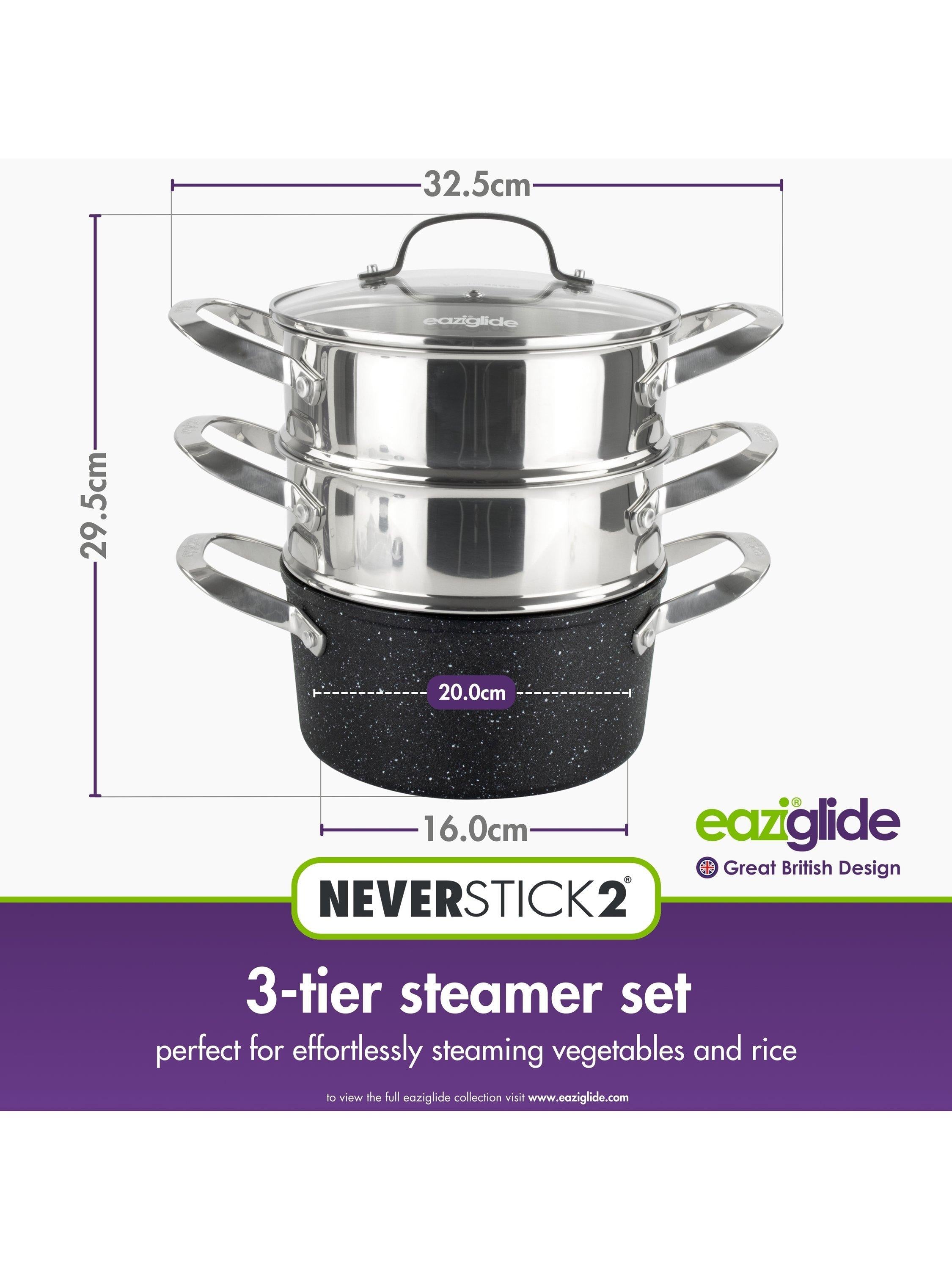 Eaziglide Neverstick2 Aluminium Non-Stick Pot 3-Tier Steamer Set - British product