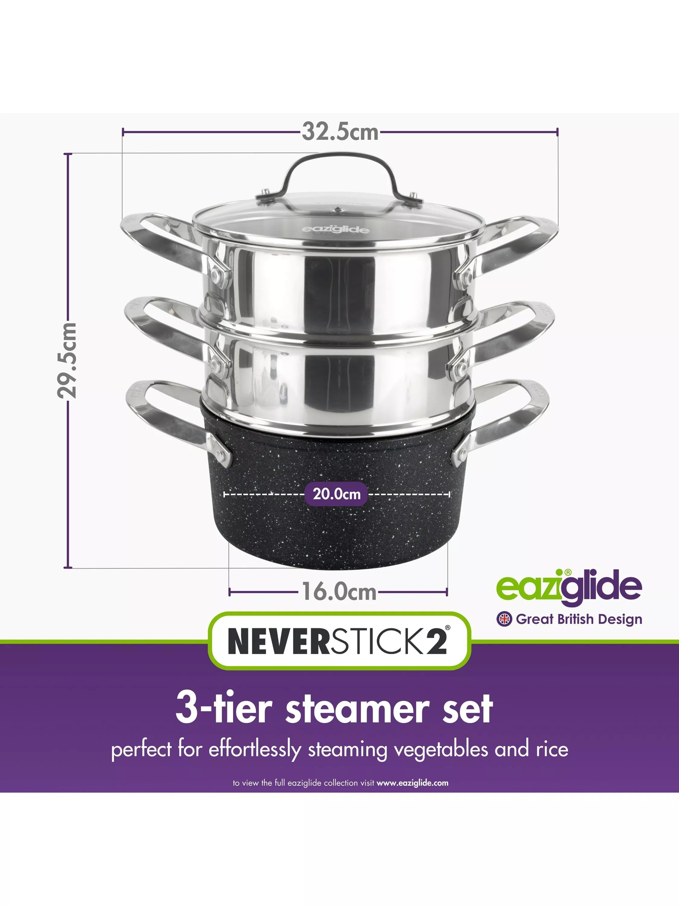 Eaziglide Neverstick2 Aluminium Non-Stick Pot 3-Tier Steamer Set - British product