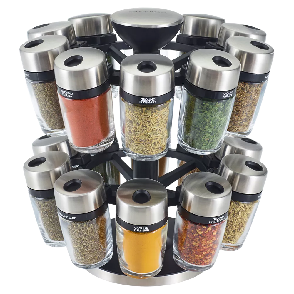 Cole & Mason filled spice rack carousel with 20 jars - British product