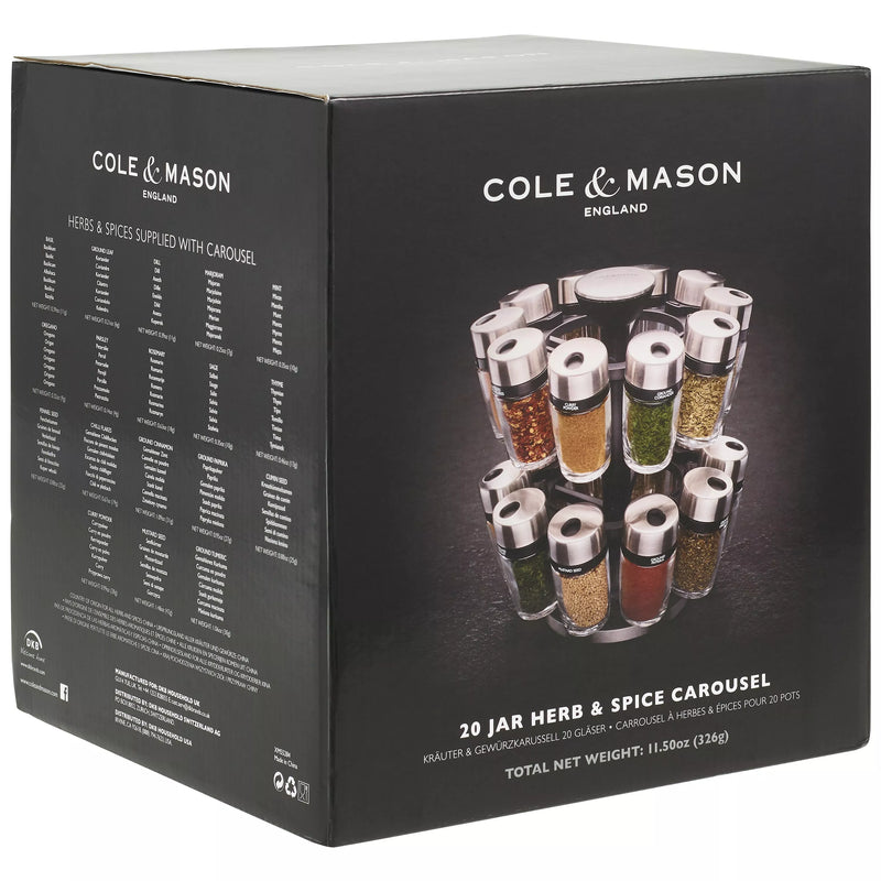 Cole & Mason filled spice rack carousel with 20 jars - British product