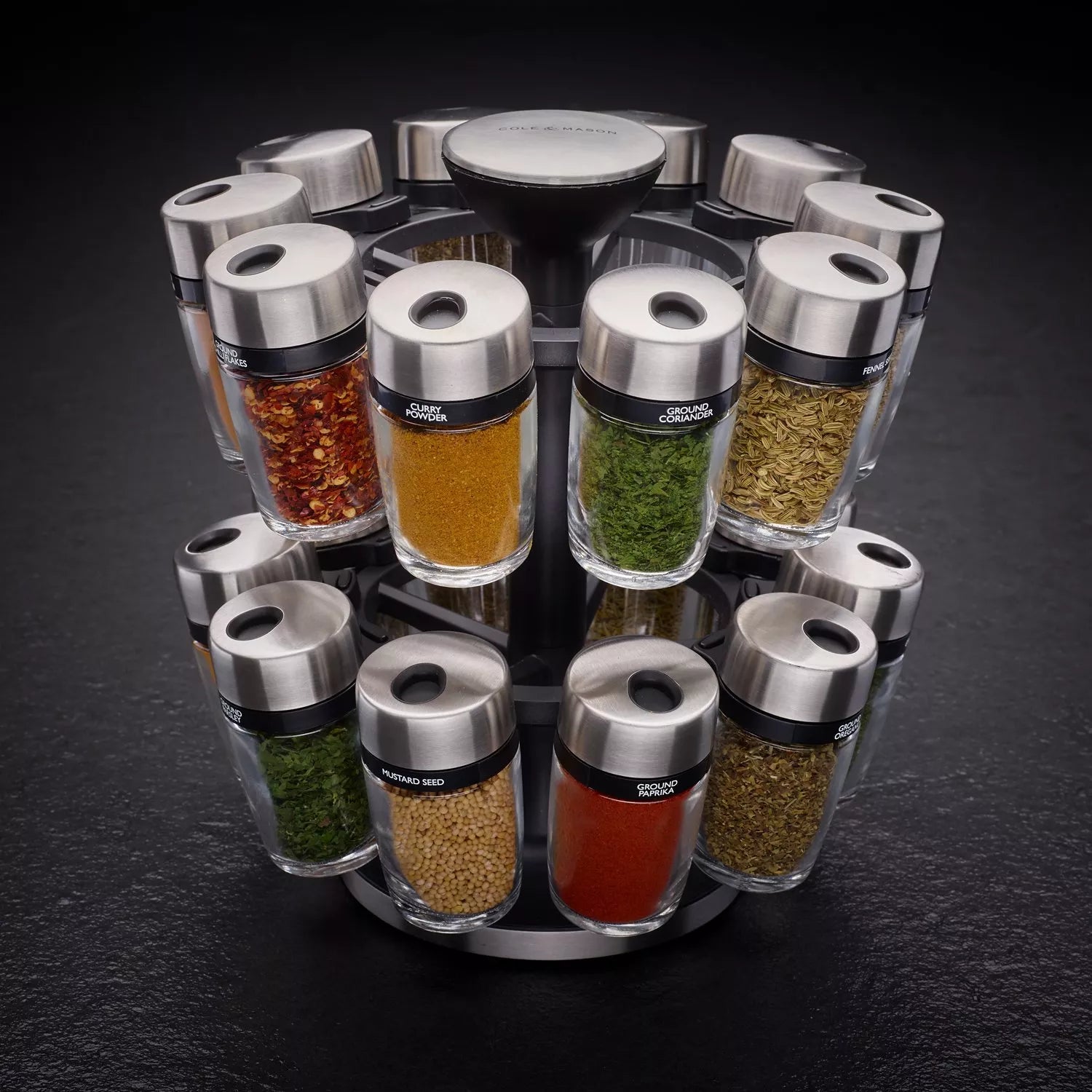 Cole & Mason filled spice rack carousel with 20 jars - British product