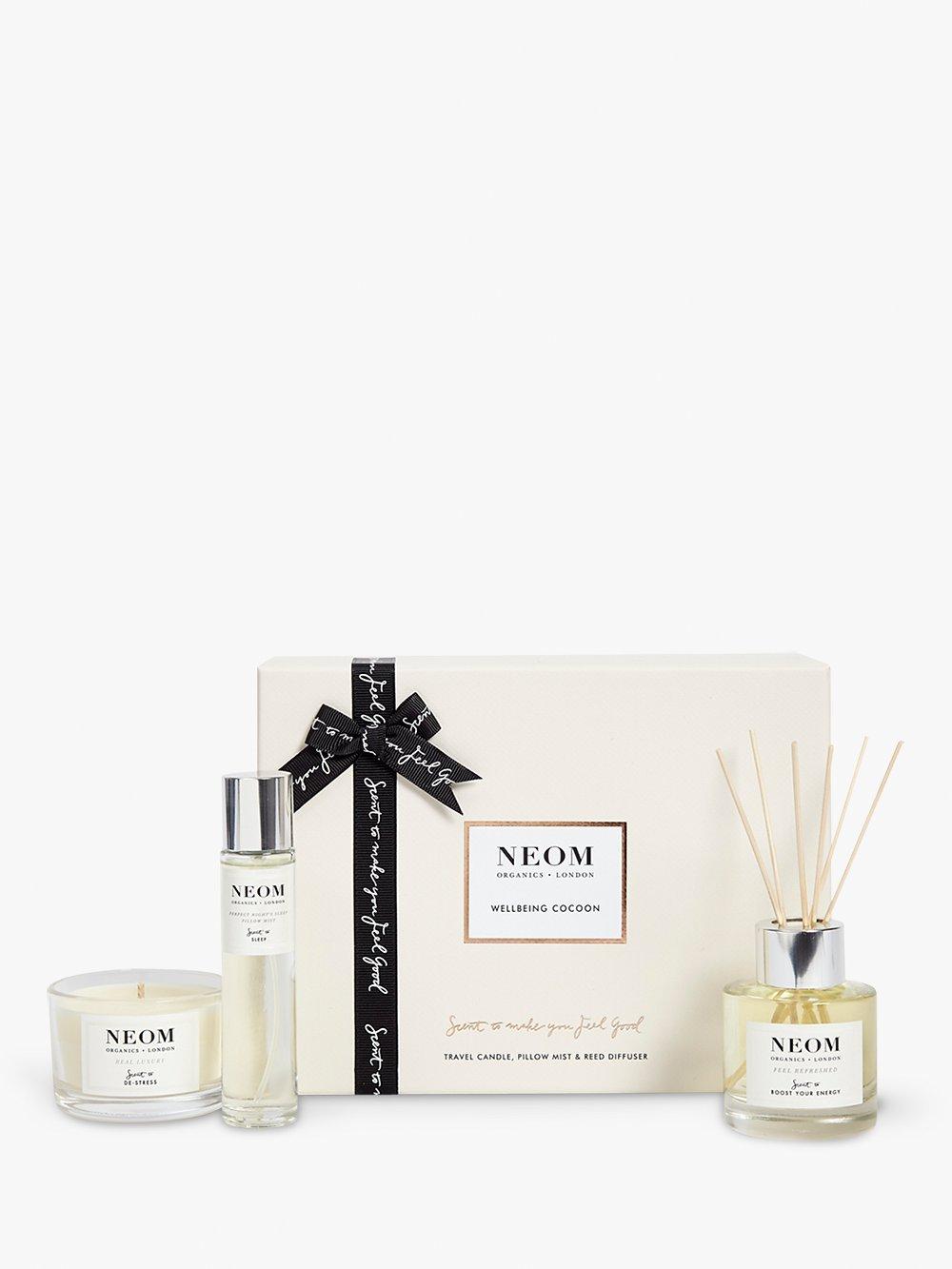 NEOM wellbeing set with reed diffuser, travel candle, and pillow mist, imported from the UK