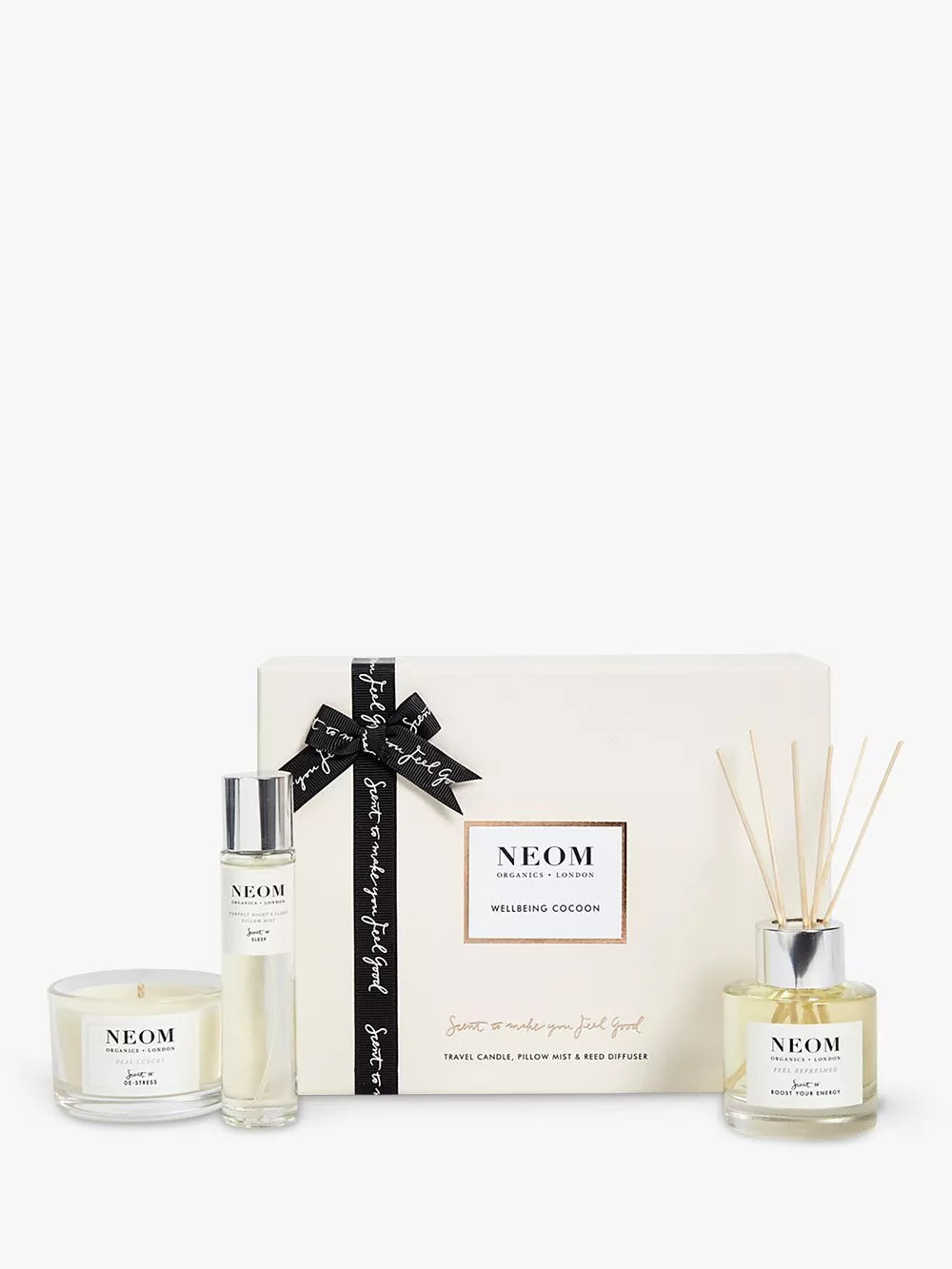 NEOM wellbeing set with reed diffuser, travel candle, and pillow mist, imported from the UK
