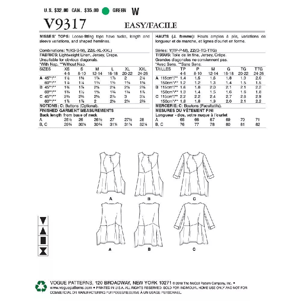 Vogue sewing pattern 9317 for women's tops, UK version