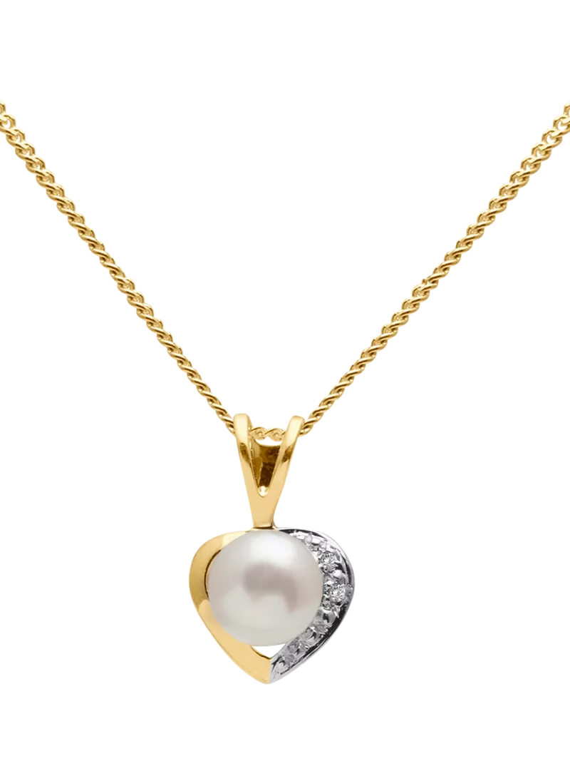 E.W Adams 9ct Gold Diamond and Freshwater Pearl Heart Pendant Necklace