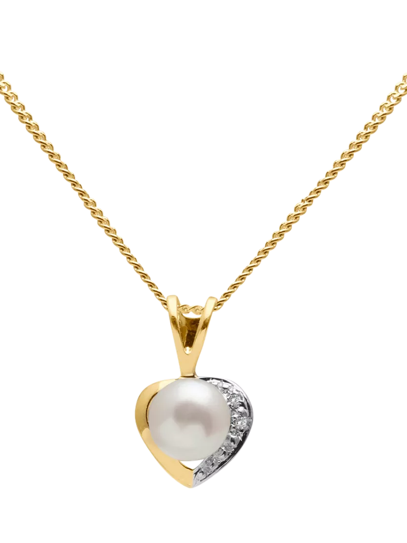E.W Adams 9ct Gold Diamond and Freshwater Pearl Heart Pendant Necklace