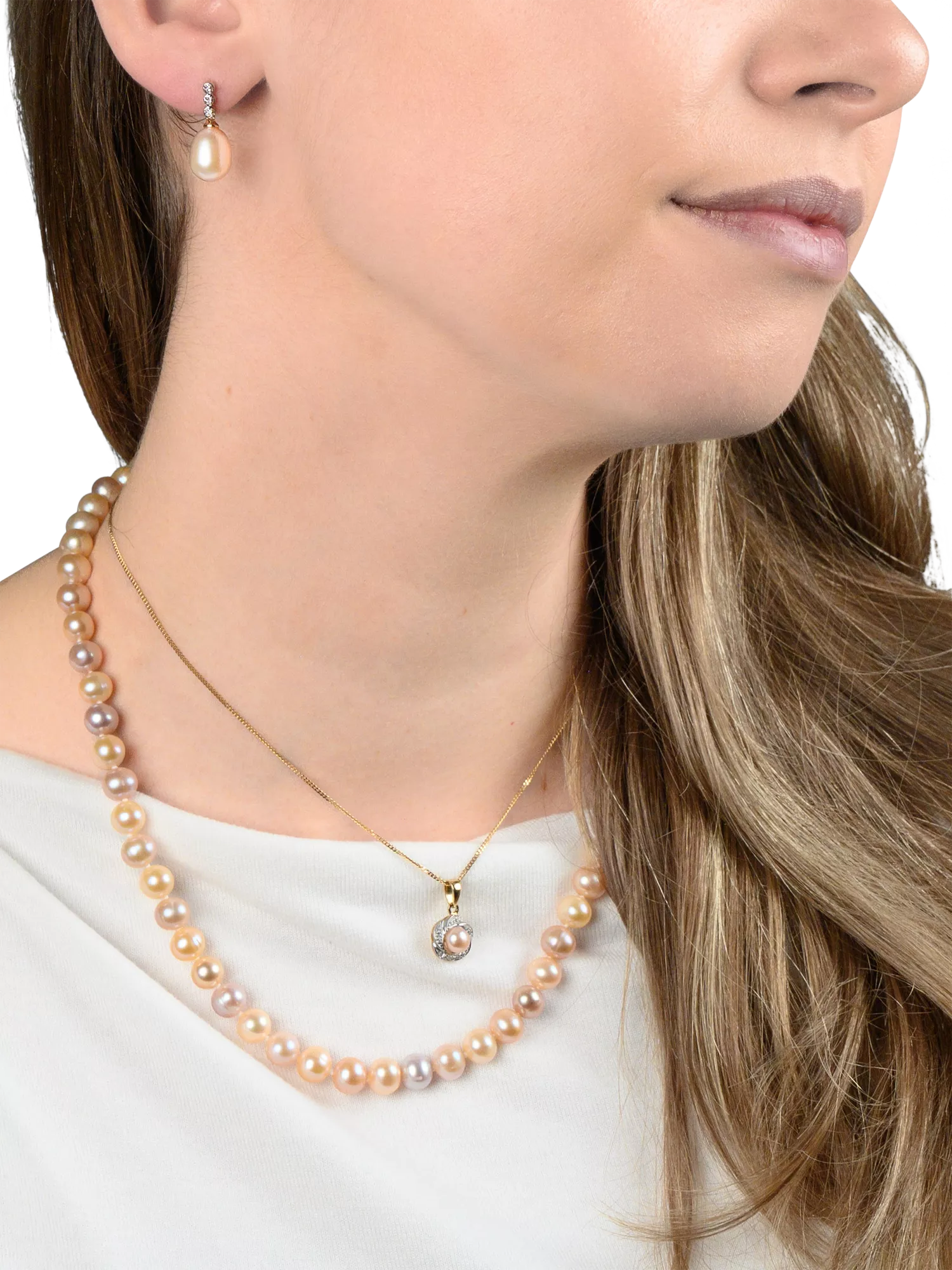 E.W Adams 9ct gold diamond pearl flower pendant, imported from the UK