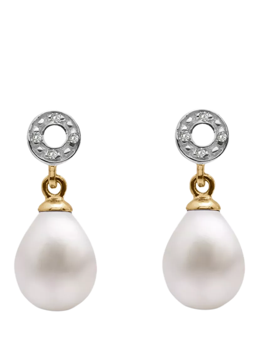 E W Adams 9ct gold pearl diamond drop earrings (British brand)