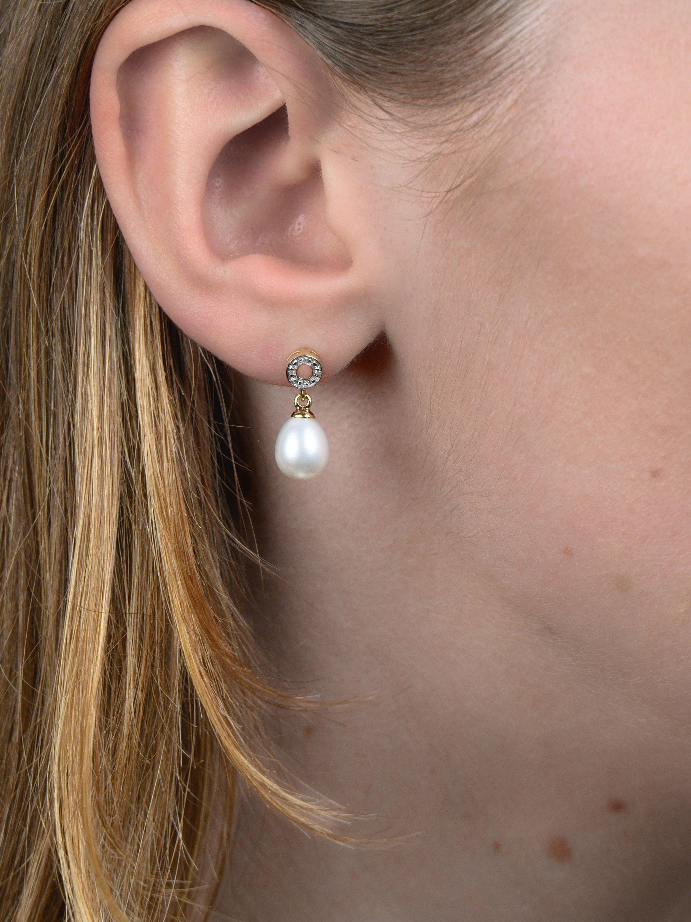 E W Adams 9ct gold pearl diamond drop earrings (British brand)