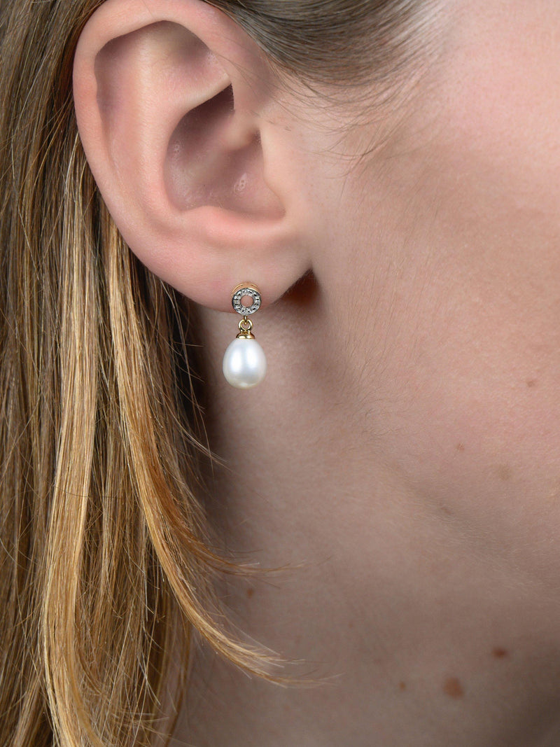 E W Adams 9ct gold pearl diamond drop earrings (British brand)