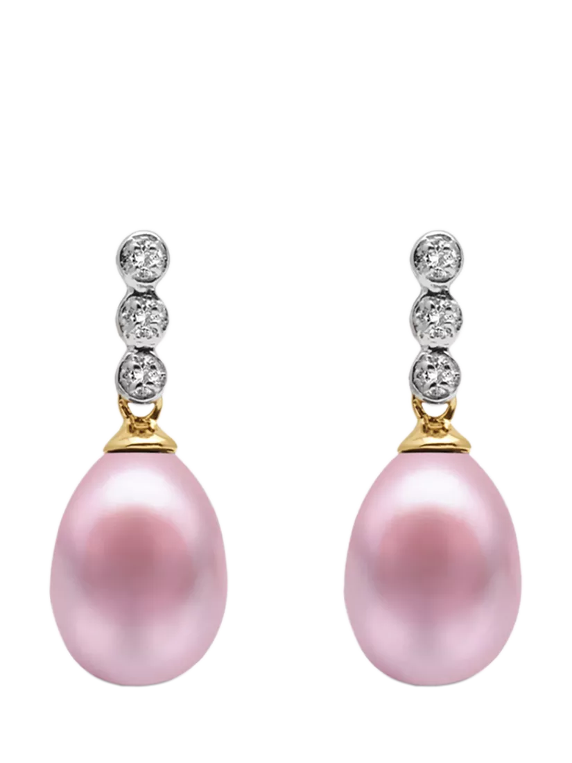 E.W Adams 9ct Gold Freshwater Pearl Three Diamond Drop Earrings