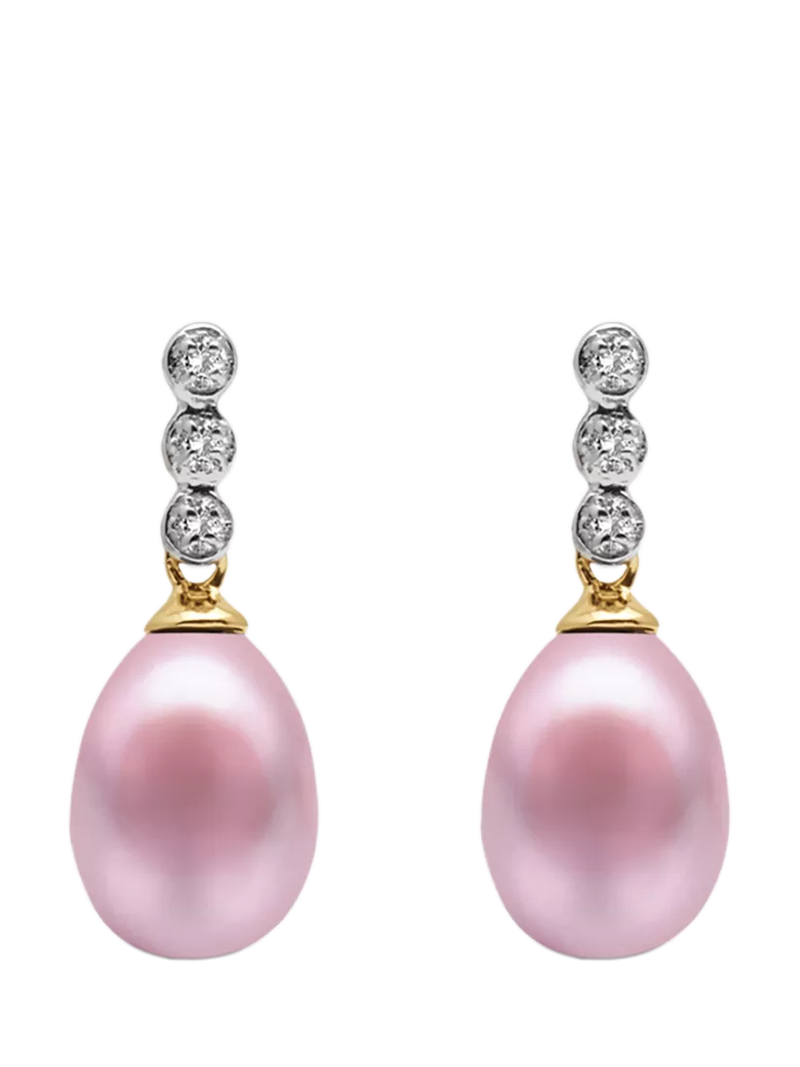E.W Adams 9ct Gold Freshwater Pearl Three Diamond Drop Earrings