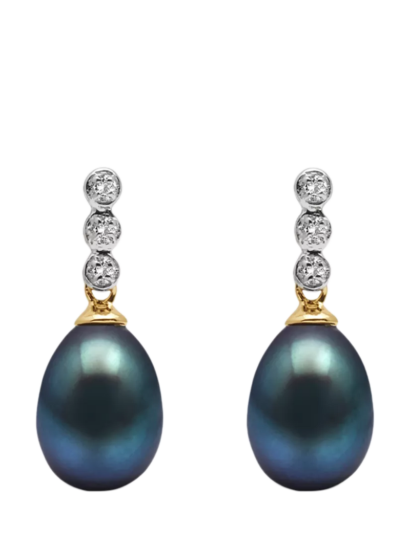 E.W Adams 9ct Gold Freshwater Pearl Three Diamond Drop Earrings