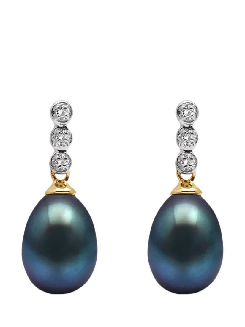E.W Adams 9ct Gold Freshwater Pearl Three Diamond Drop Earrings