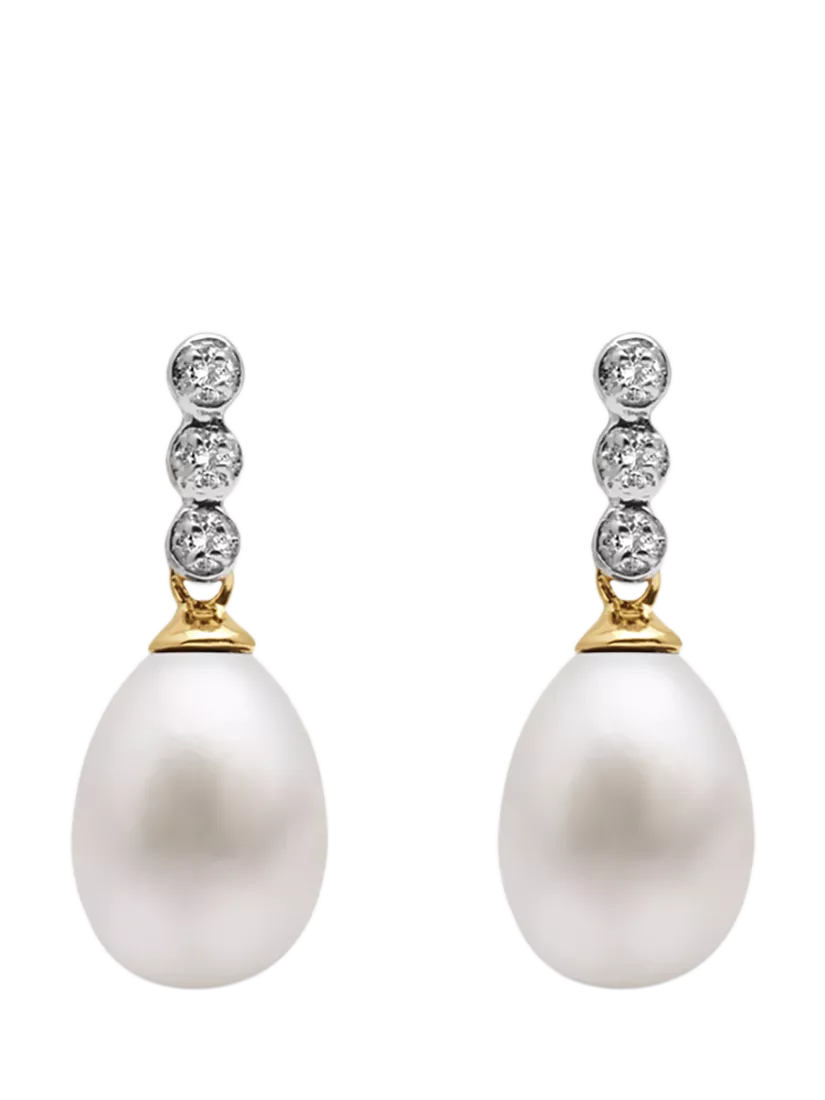 E.W Adams drop earrings freshwater pearl and diamond 9ct gold (British brand)