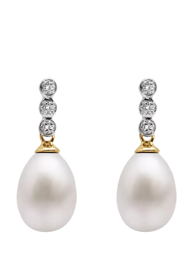 E.W Adams drop earrings freshwater pearl and diamond 9ct gold (British brand)